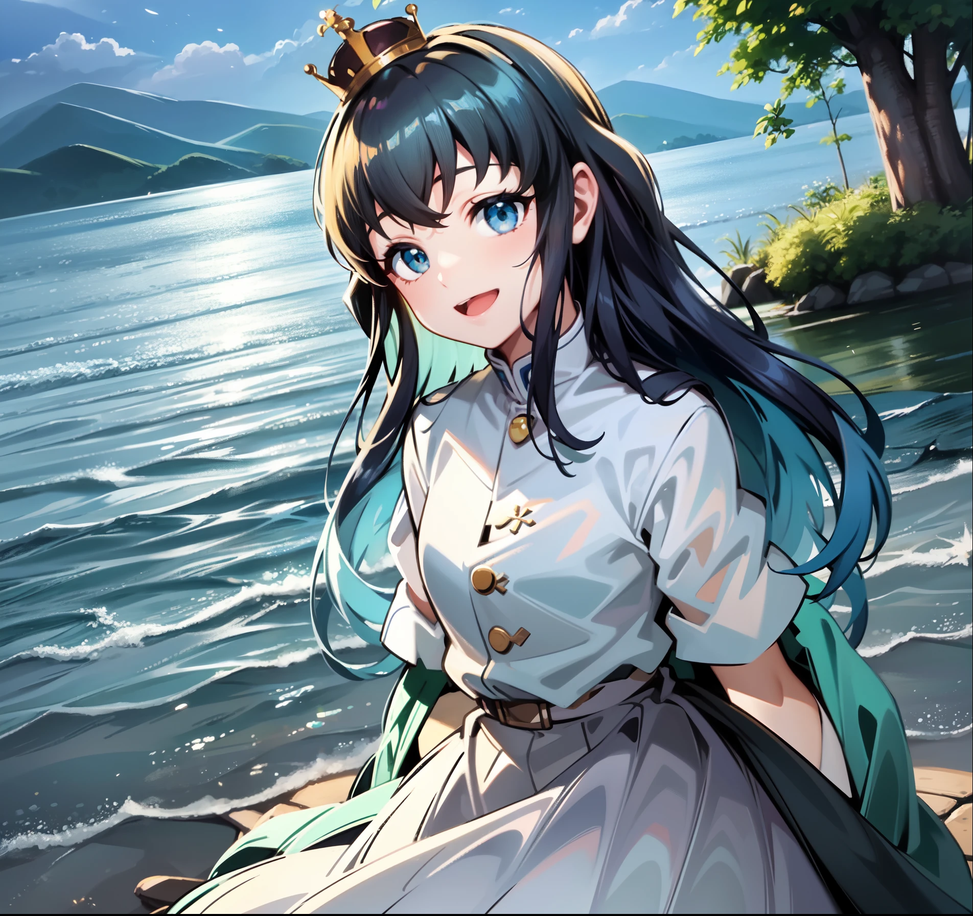 Postura da princesa, seios grandes, cabelos pretos longos com as pontas cor turquesa, par de olhos cianos lindos, qualidade de imagem alta, melhor qualidade, imagem vista de frente. Linda, She wears a large shimmering white princess crown on her head, rosto fofo, sorrindo feliz, olhando para frente. Cute Girl with Young Appearance, , delicado, youthful-looking skin. cuteexpression, wearing a white dress that runs from her neck to covering her knees, usando um vestido, Large sparkling crown on the head that looks like a princess crown, crown covers much of the head, seios a mostra, majo, melhor qualidade. Apenas fotografia, Estilo anime, Kimetsu no yaiba. Vestido branco, linda, sentada num banco olhando para um lindo lago grande