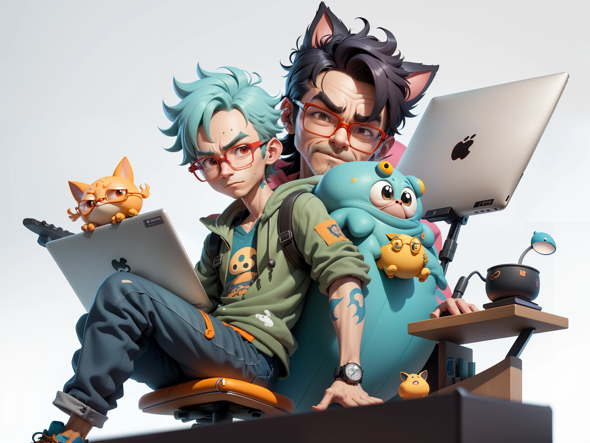 A young man with glasses sits at his desk，holding laptop，digitial painting，3D character design by Mark Clairen and Pixar and Hayao Miyazaki and Akira Toriyama，4K HD illustration，Very detailed facial features and cartoon-style visuals。