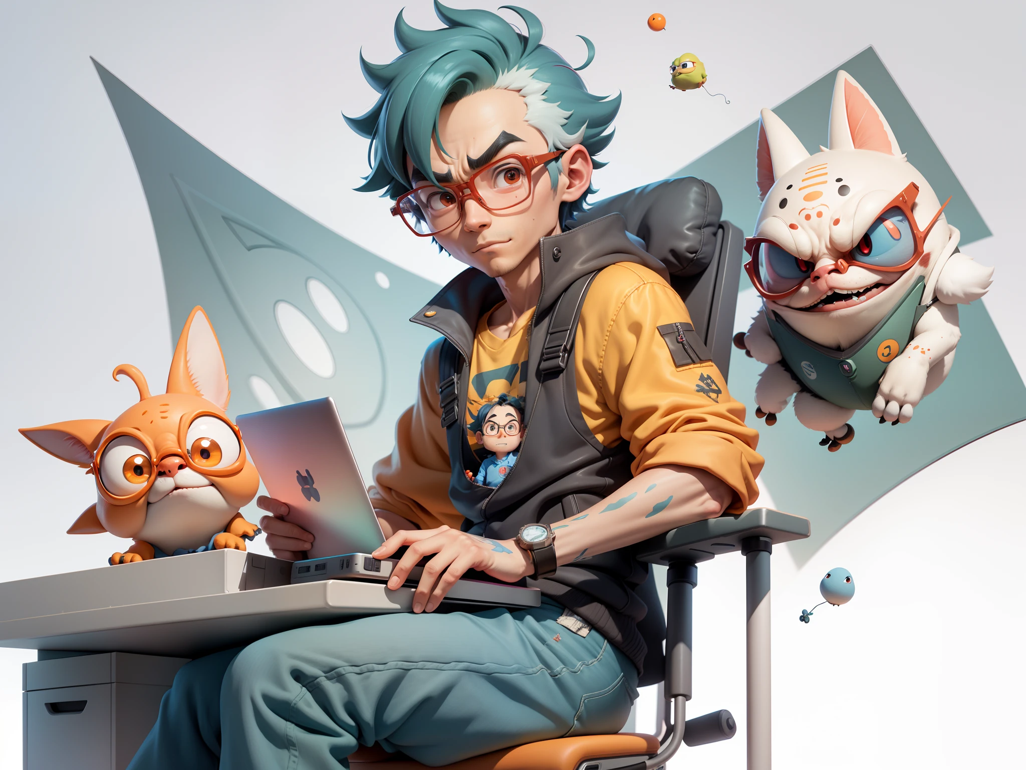 A young man with glasses sits at his desk,holding laptop,digitial painting,3D character design by Mark Clairen and Pixar and Hayao Miyazaki and Akira Toriyama,4K HD illustration,Very detailed facial features and cartoon-style visuals。