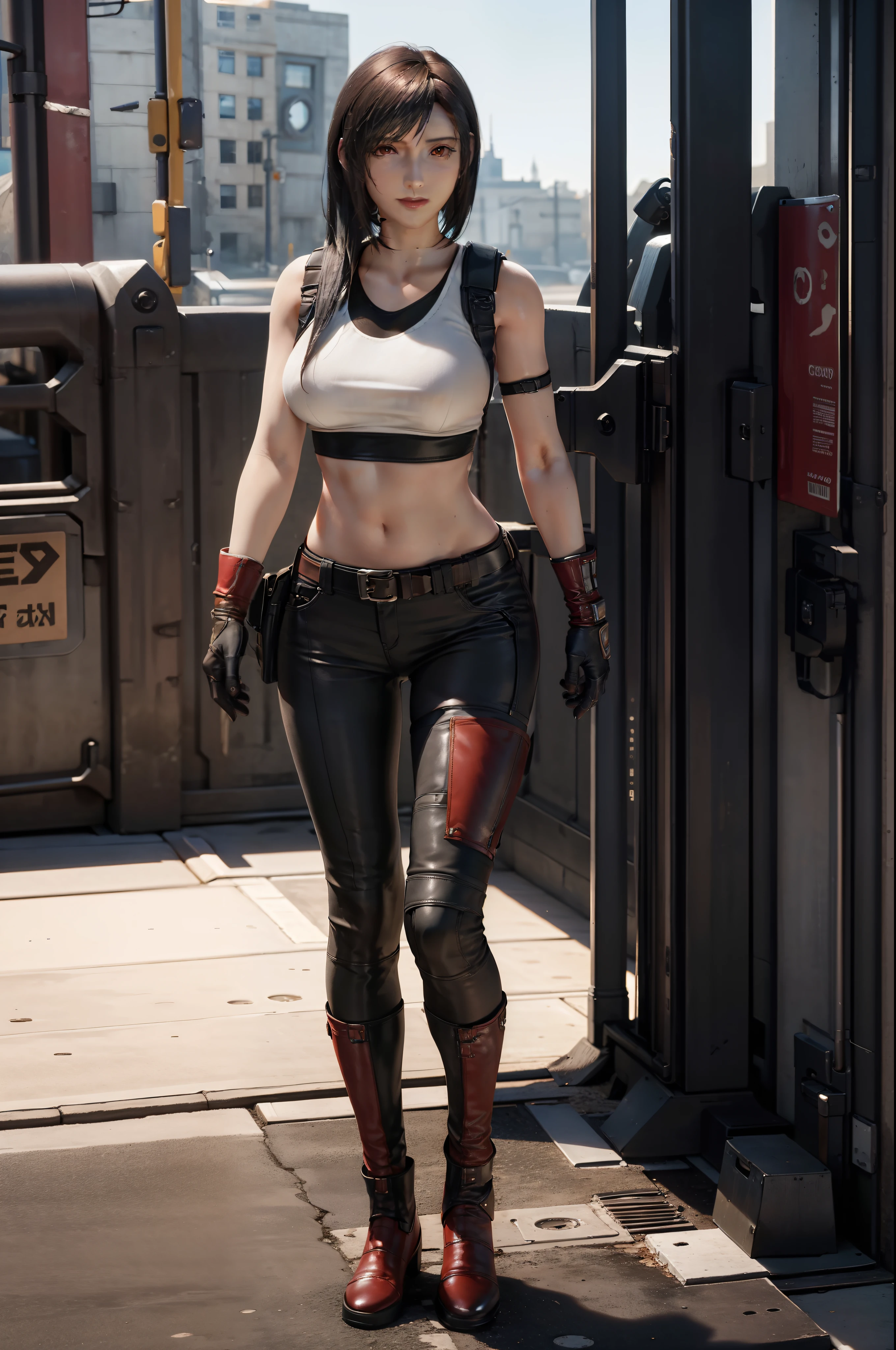 Very detailed photo of Tifa Lockhart posing, Final Fantasy 7 Remake, red eyes, with an intricate, hight resolution, 8K, dark brown hair, Detailed skin, ​masterpiece, extra very short hair, Slender figure,BustＢcups,Thin thighs,Skinny Legs,Height 168cm,awardwinning photo, foco nítido, Dramatic Lighting, unrealengine5, FULL BODYSHOT,leather pant、Survival boots、riding on motorcycle、Costumes with less body exposure