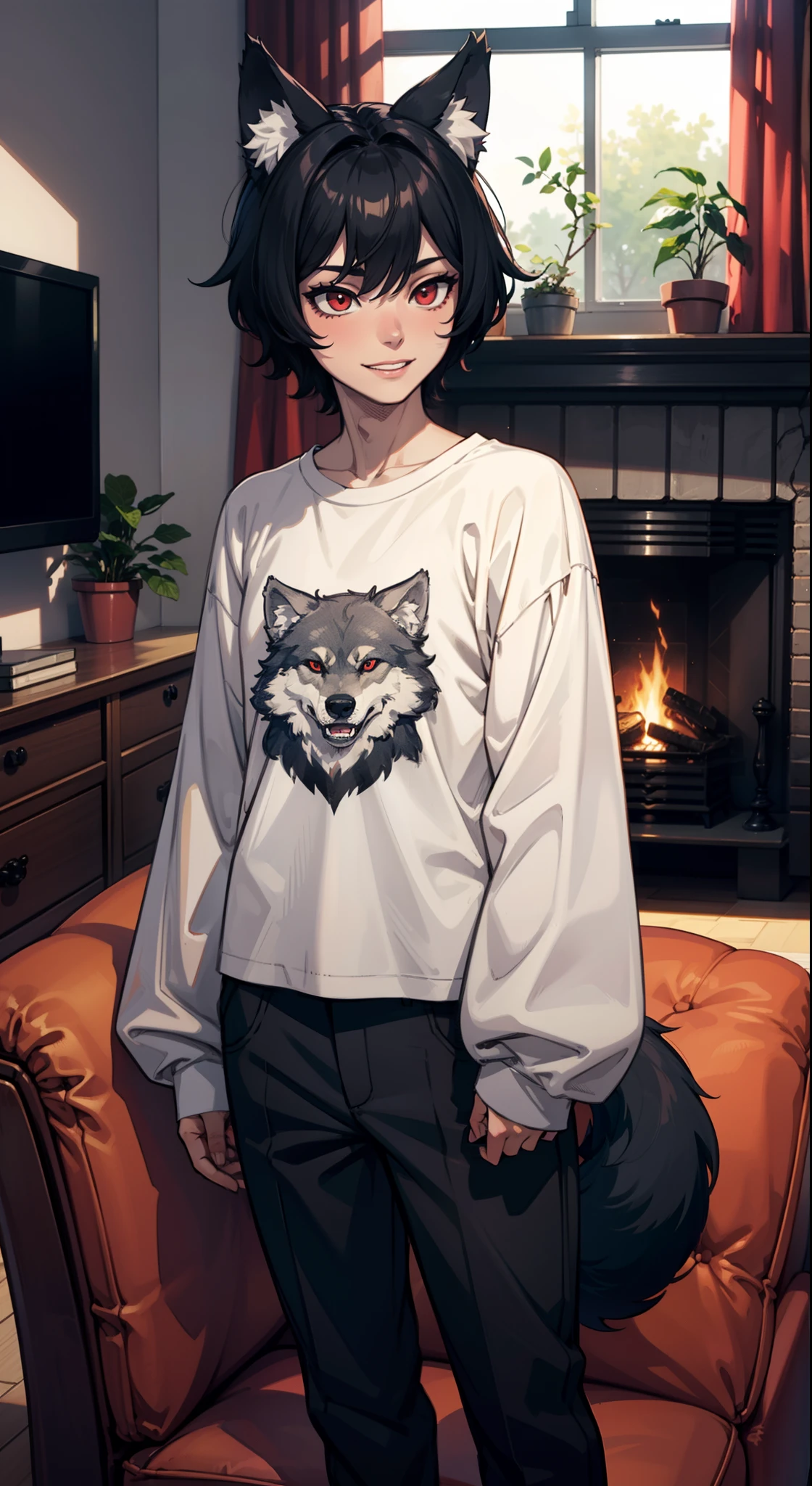 1boy, fluffy short black hair, wolf ears, wolf tail, slim figure, pale skin, RED eyes, dead expression, living room setting, light grin, baggy long-sleeved shirt