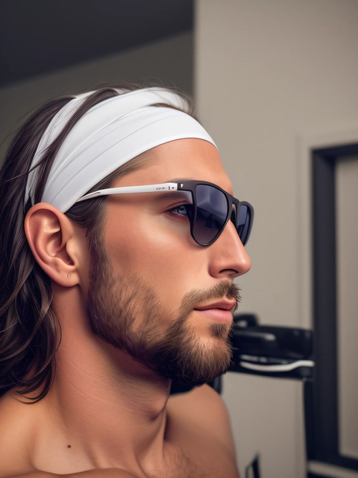 There is a man wearing a white headband and sunglasses, looking to the side off camera, fine pointy chin, soft portrait shot 8 k, Slightly defined jawline, profile shot, Sharp jawline, pointed chin, Masculine jawline, low quality photograph, portrait shot 8 k, thick jawline, Well-defined jawline, angular jawline, Side profile center portrait