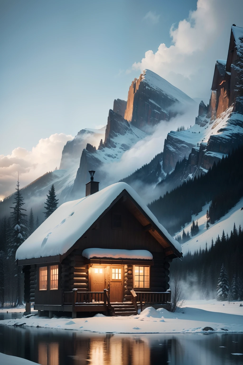 300 sq ft log cabin on a bank of a snowy misty lake, 2 sloped roof, big wrapped around porch with table and chairs, view from 3 meters above, on the background are mountains,  very dark sky,  4k, dramatic light, high details, pastel bluish colors, landscape similar to swiss alps, fog over water, dramatic sun beams are coming through clouds, place cabin in the center, show some snowy bank in front of the cabin