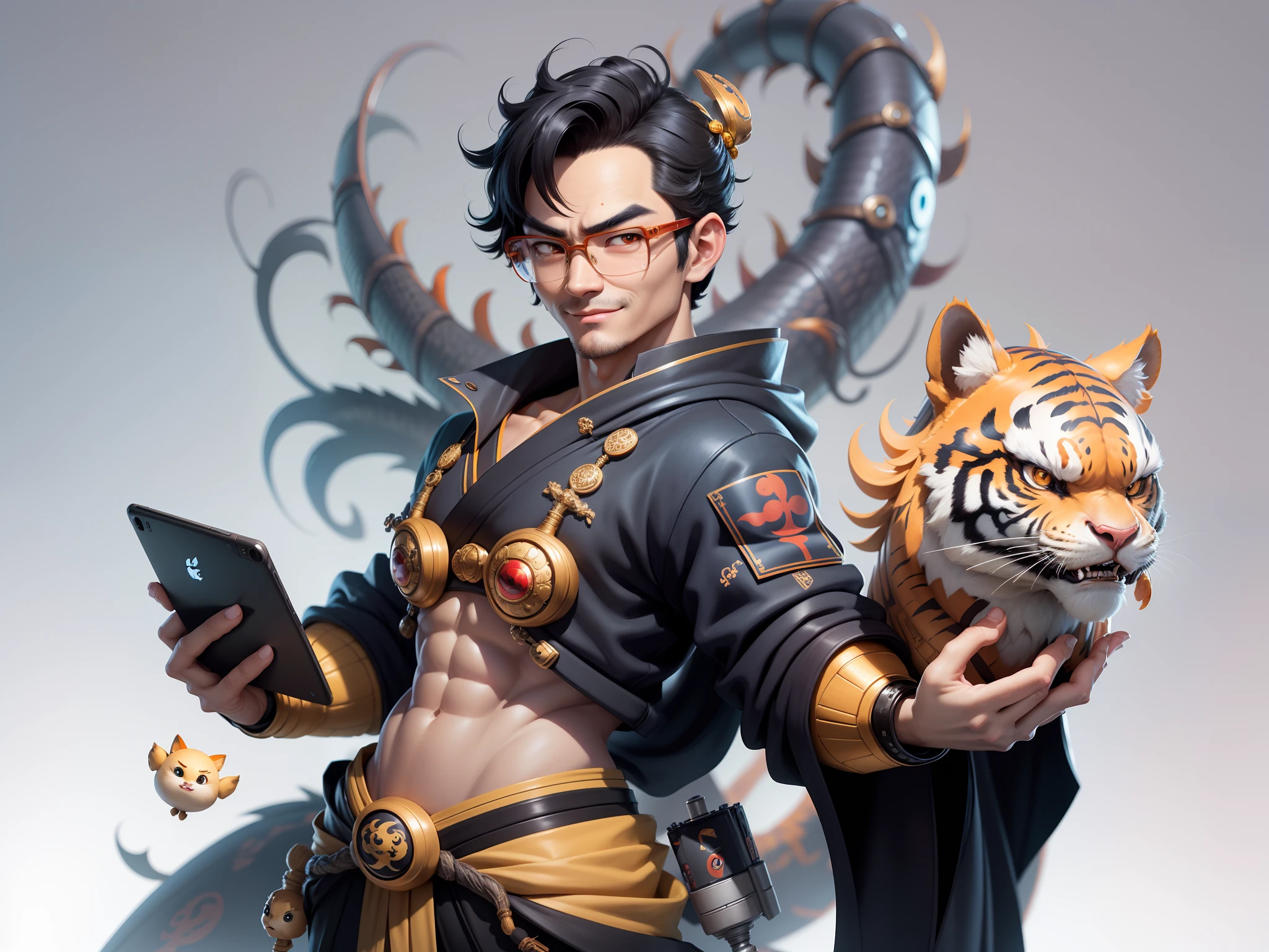 (Masterpiece), (Excellent), (Super Meticulous), (Full Body: 1.2), Super Young Man with Japanese Female Geisha, Pretty, Beautiful, Chinese Dragon, Tiger, Wind God Thor, Sexy, Bursting, Oriental Face, TV Anchor, Bust Portrait Illustration, Black Suit, Blue Tie, Slightly Chubby Face, Silver Glasses, Very Clean Face, No Beard on Chin, Black Super Short Hair, Black Eyes, Confident Smile, 3c Computer Sub-Products, iPad, iPhone, Digital Painting, 3D character design by Mark Clairedon and Pixar and Hayao Miyazaki and Akira Toriyama, the illustrations are HD illustrations in 4K resolution with highly detailed facial features and cartoon-style visuals.