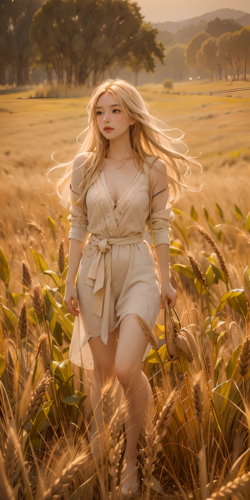 full body, portrait of cute blond girl, standing on a wheat field (((looking away))), bloom, orange fog, motion, wispy hair, realism, high-quality rendering, stunning art, high quality, film grain, Fujifilm XT3, dreamy, acne, freckled, blemish