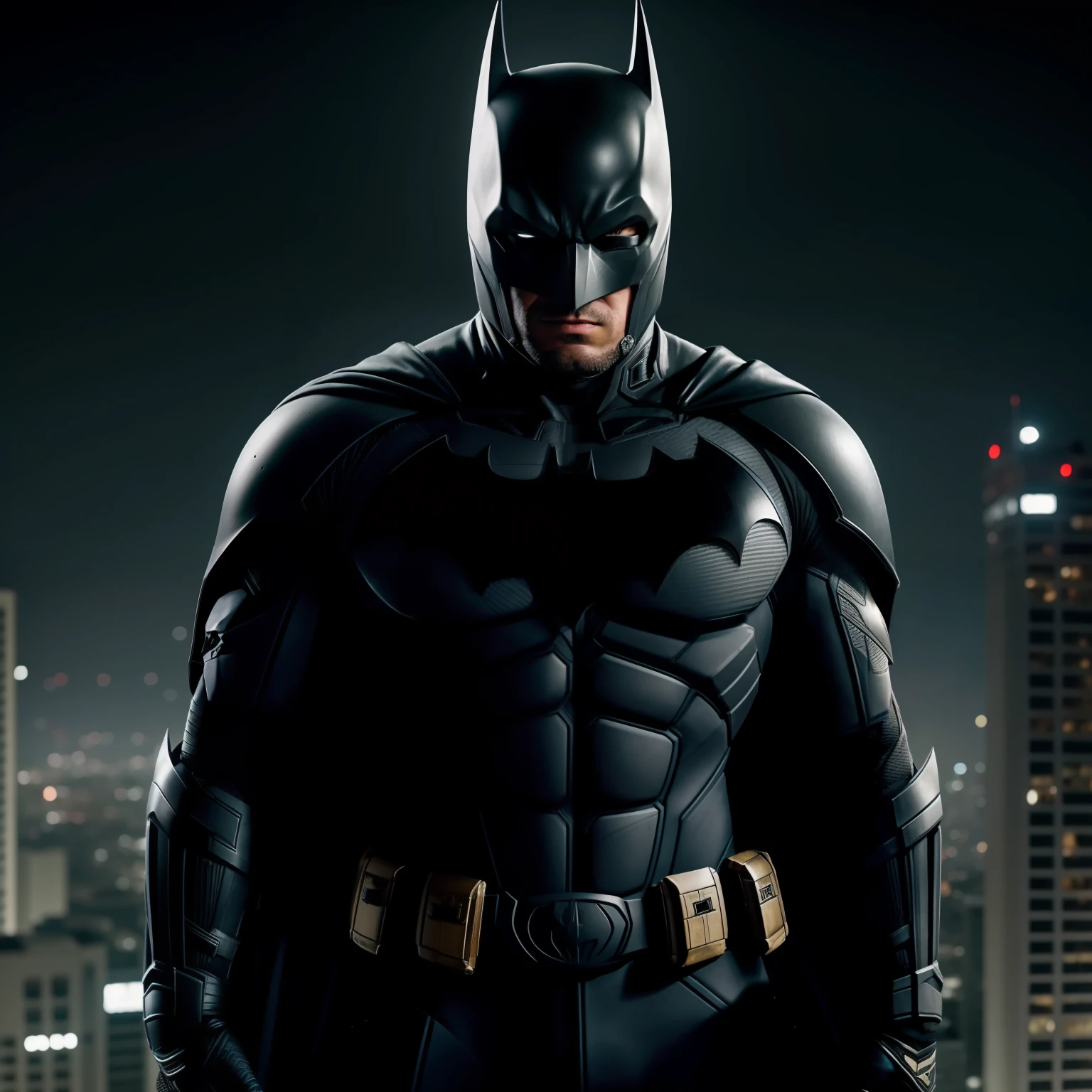 Obra prima melhor qualidade, retrato, batman de armadura cibernetica preta blindado, capa,imposing on top of a building, a noite, extremamente 8k, Ultra realista