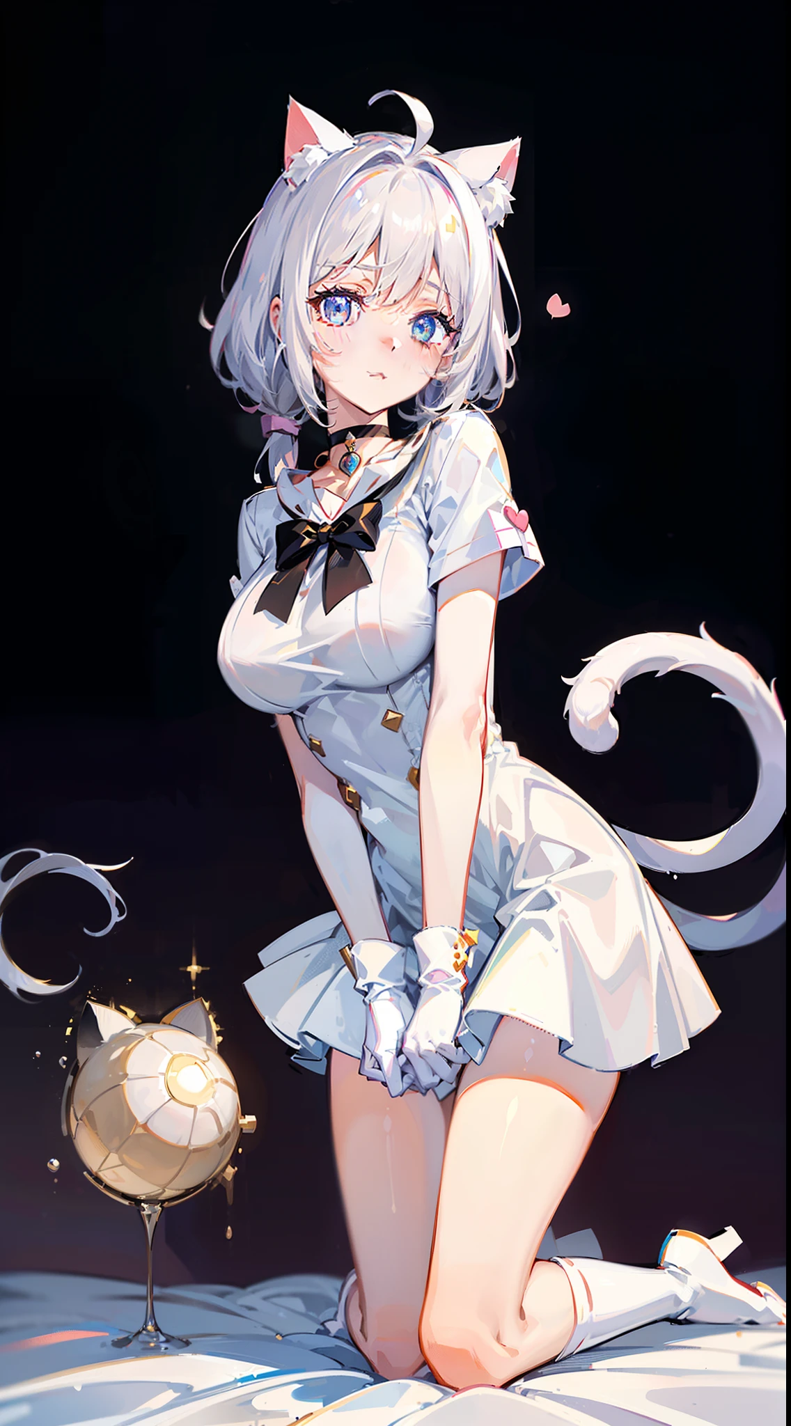 Blush, ((((White color blouse)))), white long boots, (on top of the bed), Kneeling, D-cups, White hair, ahoge, Heart-shaped pupils, blue color eyes, (((((cat ear))))), is shy,White gloves, torogao, Reflectors, Yandere, anime big breast, Chiaroscuro, Ray tracing, shadowing, hyper HD, Masterpiece, Accurate, Anatomically correct, Textured skin, Super detail, High details, High quality, Award-Awarded, Best quality, A high resolution, 16k,(There is love around you),((((Tempting)))),((Get wet,semi transparent)),no extra limbs,((a white choker))