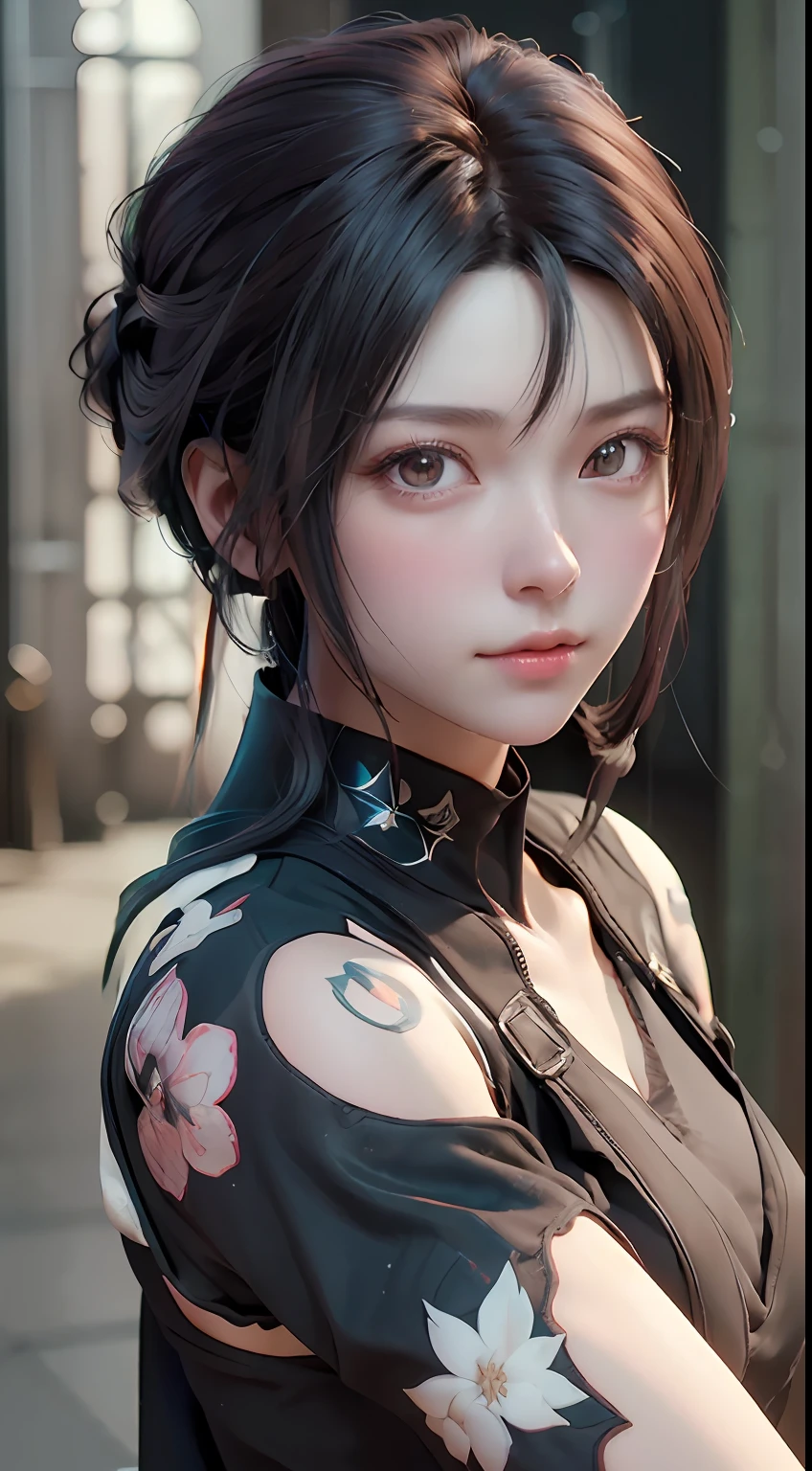 A close up of a woman with a black shirt and a flowered top - SeaArt AI
