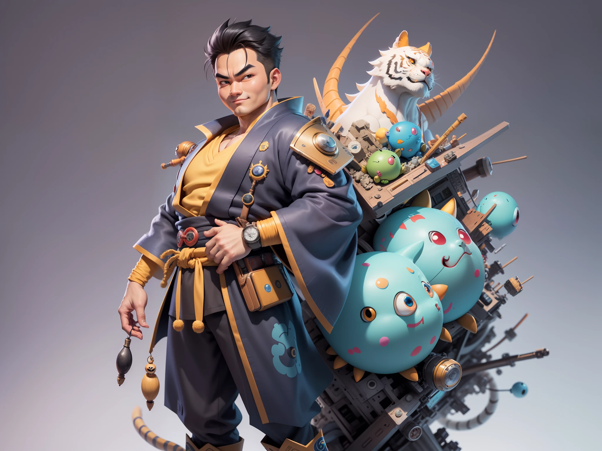 (Masterpiece), (Excellent), (Super Meticulous), (Full Body: 1.2), Super Young Man, Oriental Face, Japanese Kimono, Japanese Wind Thunder God, Dragon, Tiger, TV Anchor, Bust Portrait Illustration, Alone, Black Suit, Blue Tie, Slightly Chubby Face, Very Clean Face, No Beard, Black Super Short Hair, Black Eyes, Confident Smile, 3c Computer Sub-Products, iPad, iPhone, Digital Painting, 3D Character Design by Akira Toriyama and Mark Claireden and Pixar and Hayao Miyazaki, The illustration is a high-definition illustration in 4K resolution with very detailed facial features and cartoon-style visuals.