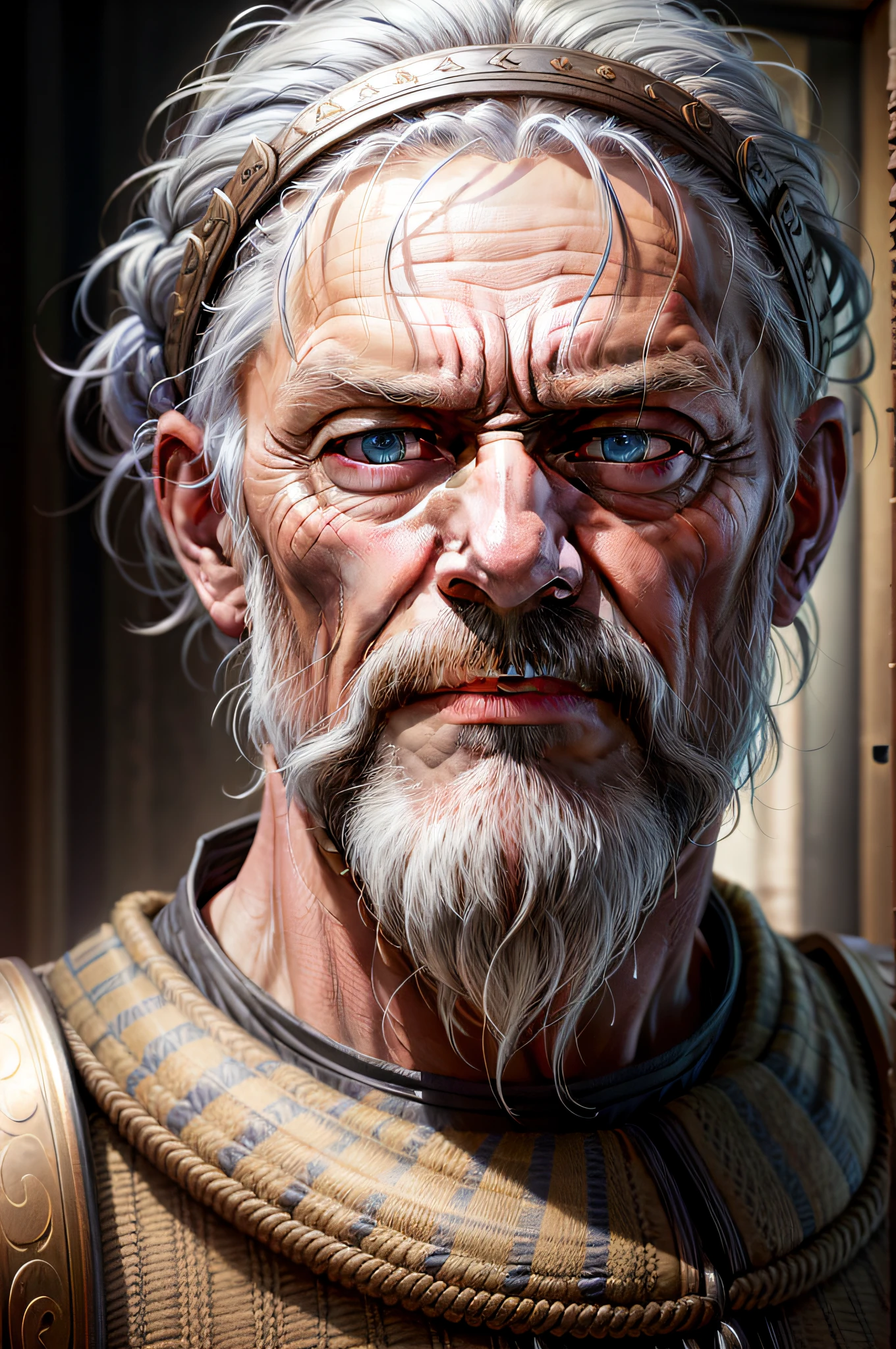 dark theme, ultra resolution, hyper realistic, hdr, absyrdres, cinematic shot, vignette, centered, short DOF,

a closeup portrait of an old man, Scandinavian, looking at camera,
blue old eyes,
short white hair, one braided hair curl, white VIKING BEARD,
missing teeth,
narrow face
dark skin, wide shoulders, weathered by sun and sat water,
royal doublet with gold patterns,

royal chambers

camera focus on an eye, high focal length, dslr, 200mm lens,
photo by Cristina Otero, dark studio, rim lighting, two tone lighting, dimly lit, low key, backlight,