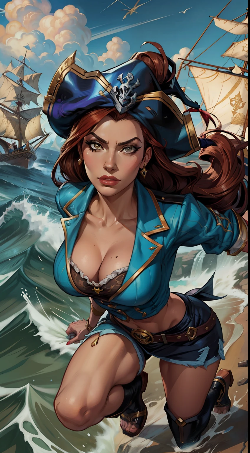 ((melhor qualidade)), ((obra-prima)), ((realista)), (detalhado), pele altamente detalhada, 1girl , uma mulher pirata, Miss Fortune League of Legends, Miss Fortuna, estilo artgerm, artgerm detalhado, pirata da classe swashbuckler, rainha pirata, Retrato bonito de Nami, estilo artgerm, Artgerm extremamente detalhado, Artgerm e Lois van Baarle pirata com rosto de 40 anos, mulher madura e detalhada, Pirate hat, traços do league of legends, olhos azuis detalhados, pinta de baixo do olho esquerdo, expression serious, fullbody, olhando para cima