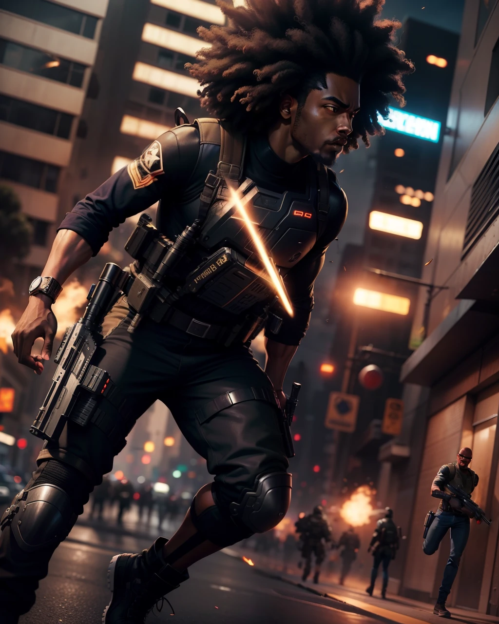 Black man shootingat enemies on the street, bullet shells flying out of the gun as he shoots, afrofuturism, boondocks art style, artgerm, cinematic lighting, ultra HD, higly detailed features, photorealistic image, 8k