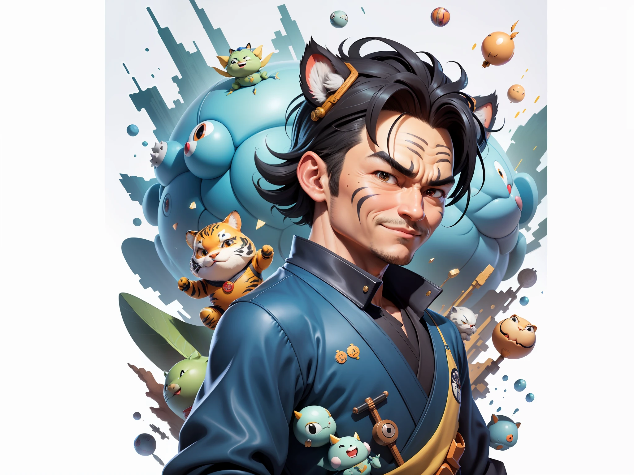 (Masterpiece), (Excellent), (Super Meticulous), (Full Body: 1.2), Super Young Man, Oriental Face, Japanese Kimono, Japanese Wind Thunder God, Dragon, Tiger, TV Anchor, Bust Portrait Illustration, Alone, Black Suit, Blue Tie, Slightly Chubby Face, Very Clean Face, No Beard, Black Super Short Hair, Black Eyes, Confident Smile, 3c Computer Sub-Products, iPad, iPhone, Digital Painting, 3D Character Design by Akira Toriyama and Mark Claireden and Pixar and Hayao Miyazaki, The illustration is a high-definition illustration in 4K resolution with very detailed facial features and cartoon-style visuals.