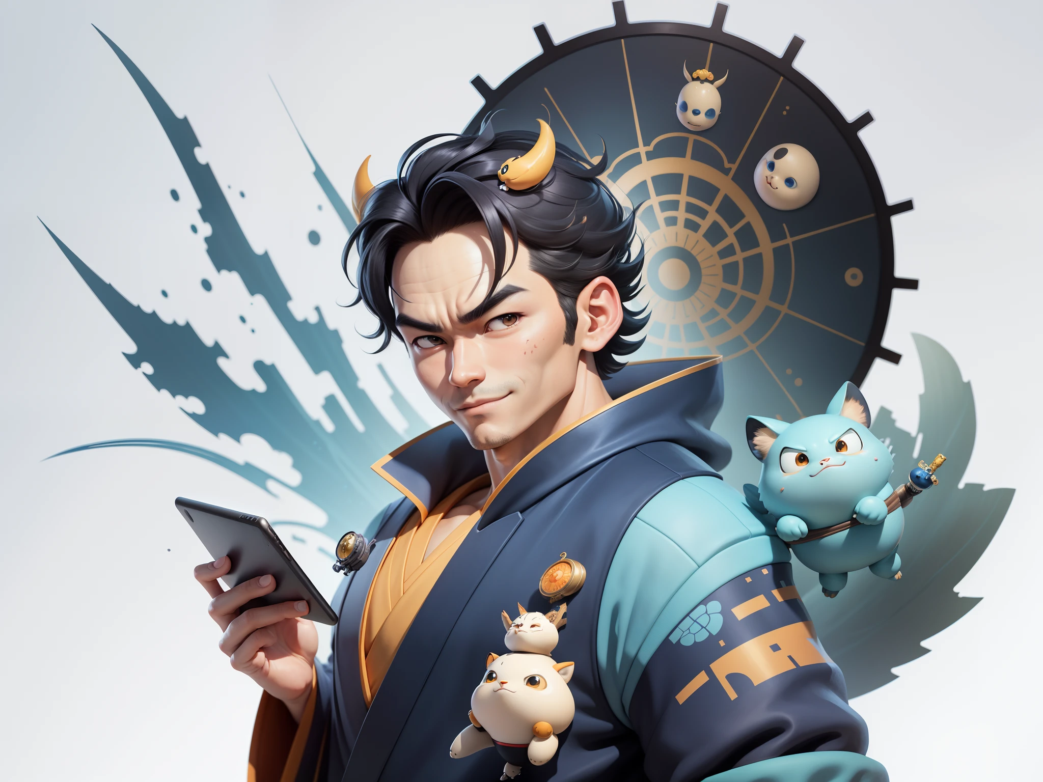 (Masterpiece), (Excellent), (Super Meticulous), (Full Body: 1.2), Super Young Man, Oriental Face, Japanese Kimono, Japanese Wind Thunder God, Dragon, Tiger, TV Anchor, Bust Portrait Illustration, Alone, Black Suit, Blue Tie, Slightly Chubby Face, Very Clean Face, No Beard, Black Super Short Hair, Black Eyes, Confident Smile, 3c Computer Sub-Products, iPad, iPhone, Digital Painting, 3D Character Design by Akira Toriyama and Mark Claireden and Pixar and Hayao Miyazaki, The illustration is a high-definition illustration in 4K resolution with very detailed facial features and cartoon-style visuals.