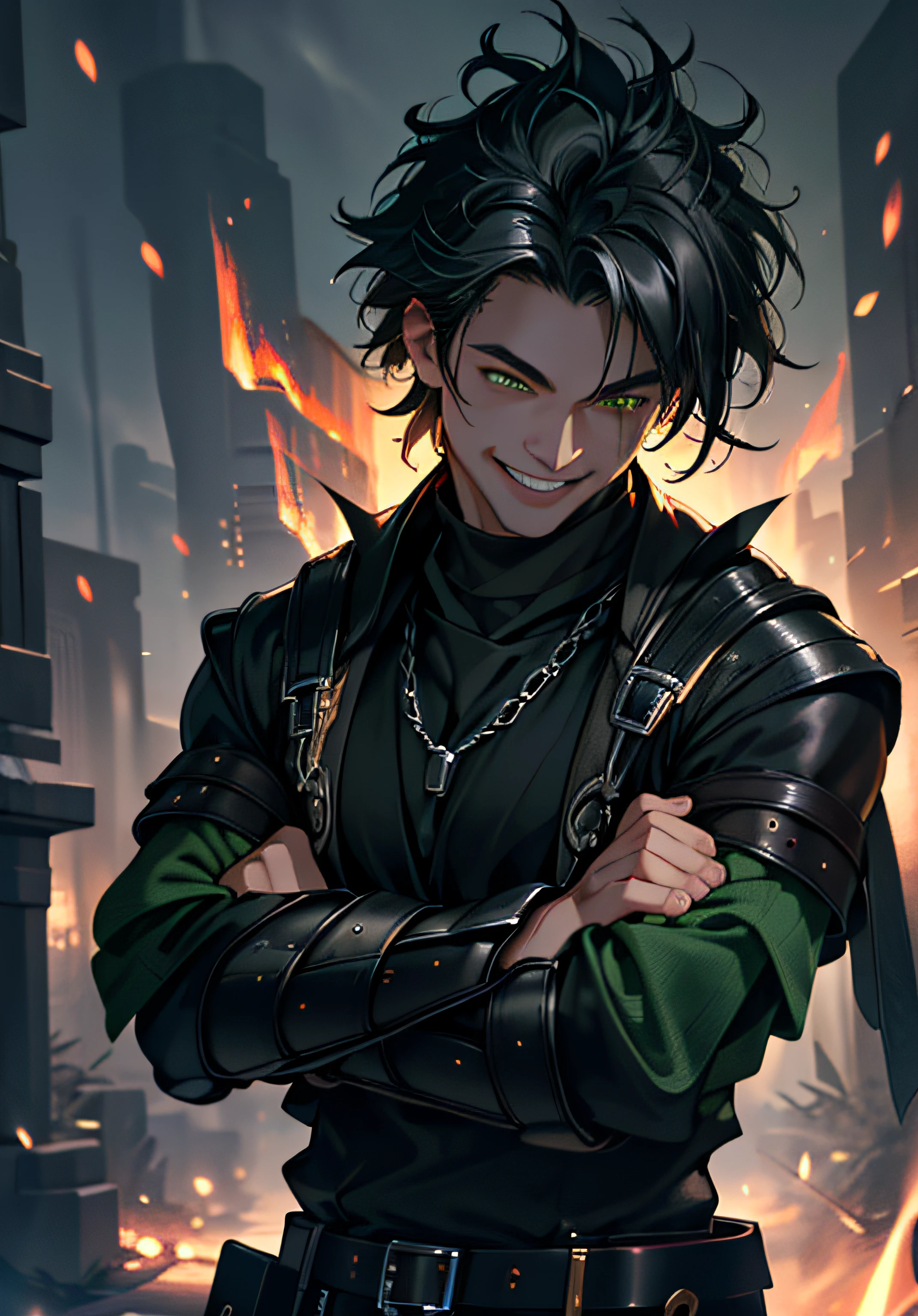 ultra detail, high resolution, ultra detailed, best quality, amazing, top quality, extremely detailed CG unity 8k wallpaper, cinematic lighting, Man, black hair, fantasy black clothes, arms exposed, details, green flames, dark boy, sadistic smile