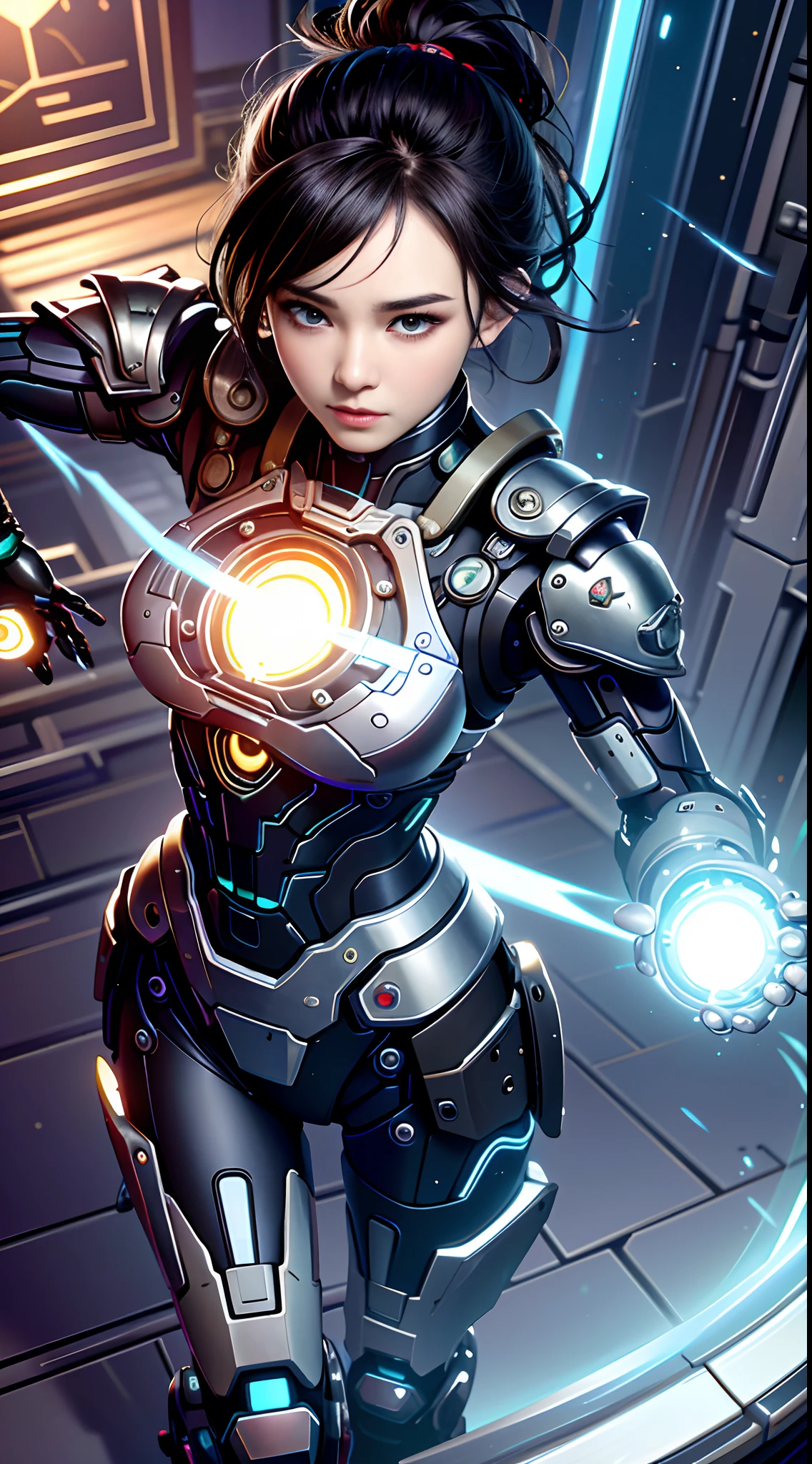 Realistic, 35mm, Intricate detail, hdr, Intricate detail, Ultra detailed, Natural skin texture, Surreal, Sharp, 1 girl, Chinese, Blush, Black eyes, Black smooth hair, Portrait, Solo, half shot, top view, detailed background, detailed face, (1nf3rnalAI, hell theme: 1.1), strong expression, dynamic pose, glass robot, (made of glass: 1.1), translucent, glass structure, warrior, glass Armor, dirty glass, machinery, power, magic symbols, mysterious power, floating particles, reflections, wind, background storm, movie atmosphere,