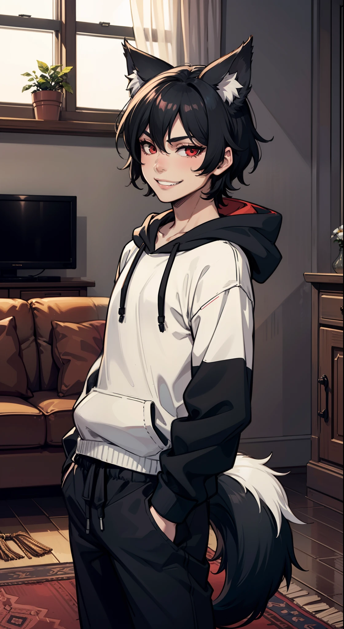 1boy, fluffy short black hair, wolf ears, wolf tail, slim figure, pale skin, RED eyes, dead expression, living room setting, light grin, baggy black hoodie