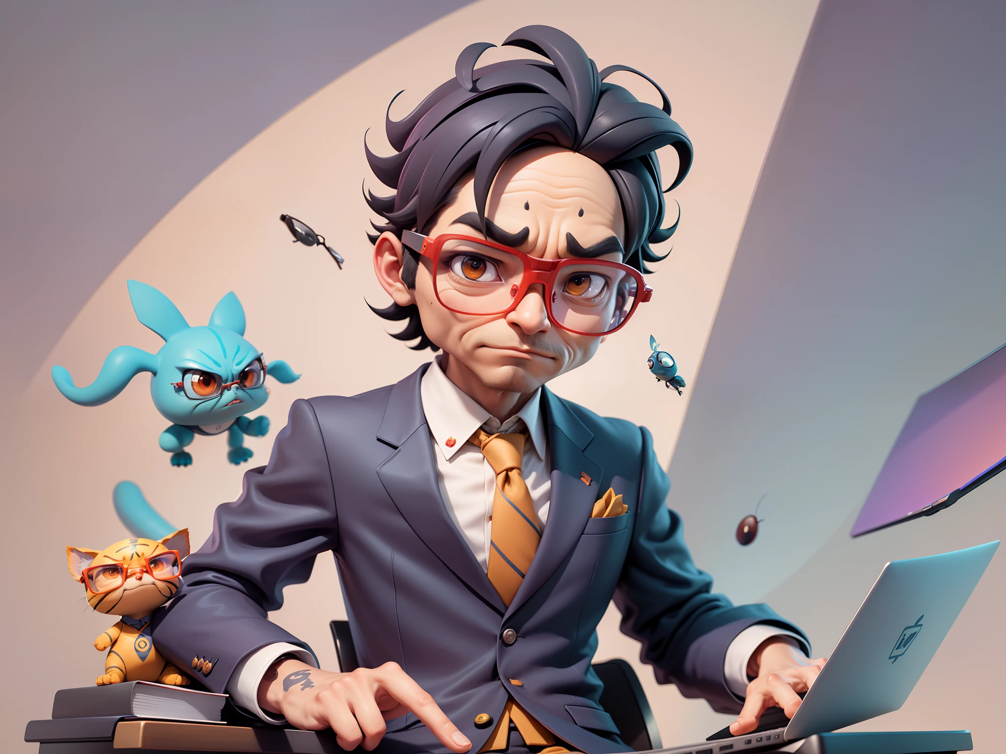 A young man in a suit, Short hair and glasses sat at his desk,holding laptop,digitial painting,tigre,3D character design by Mark Clairen and Pixar and Hayao Miyazaki and Akira Toriyama,4K HD illustration,Very detailed facial features and cartoon-style visuals。