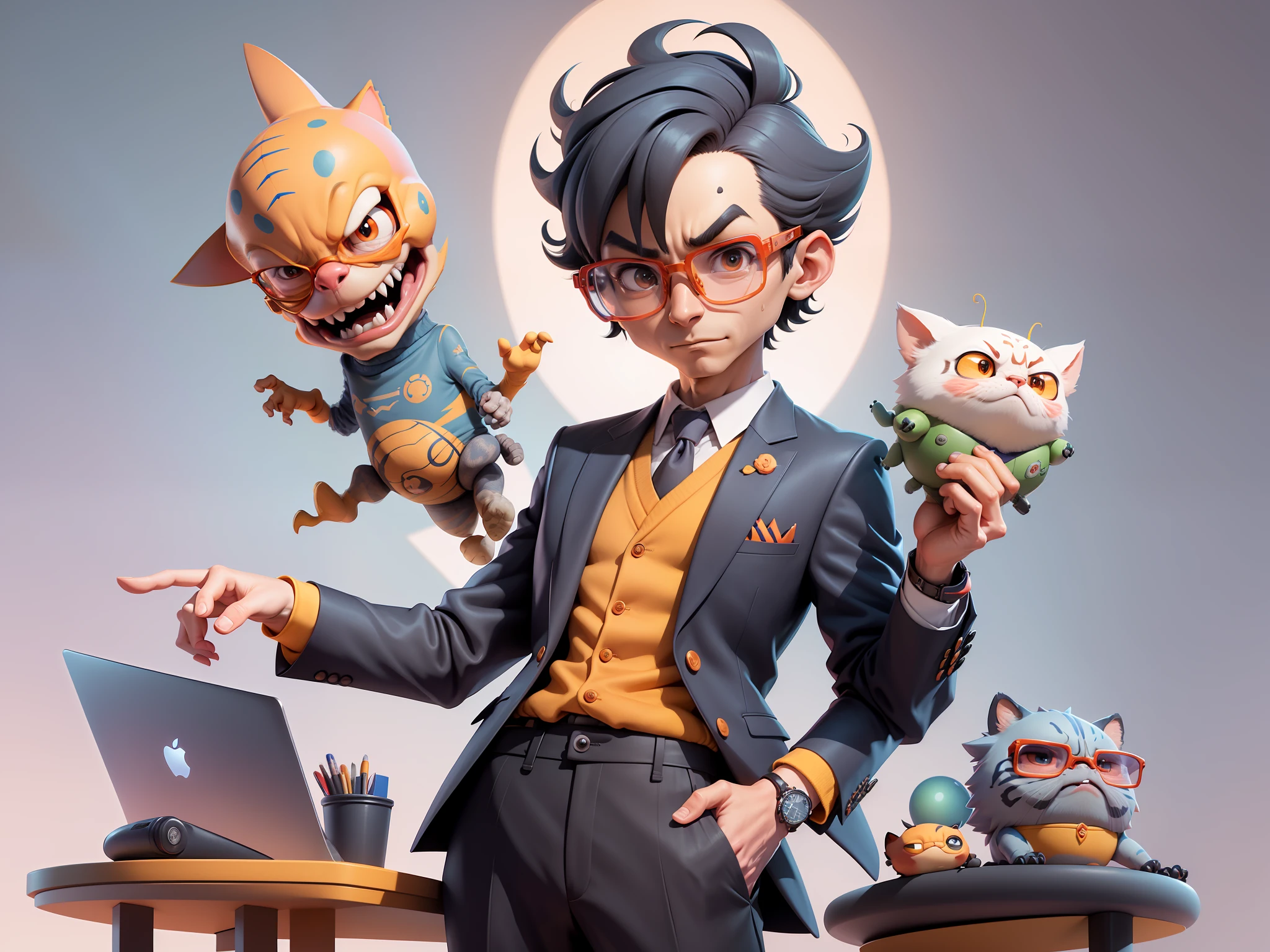 A young man in a suit, Short hair and glasses sat at his desk,holding laptop,digitial painting,tigre,3D character design by Mark Clairen and Pixar and Hayao Miyazaki and Akira Toriyama,4K HD illustration,Very detailed facial features and cartoon-style visuals。