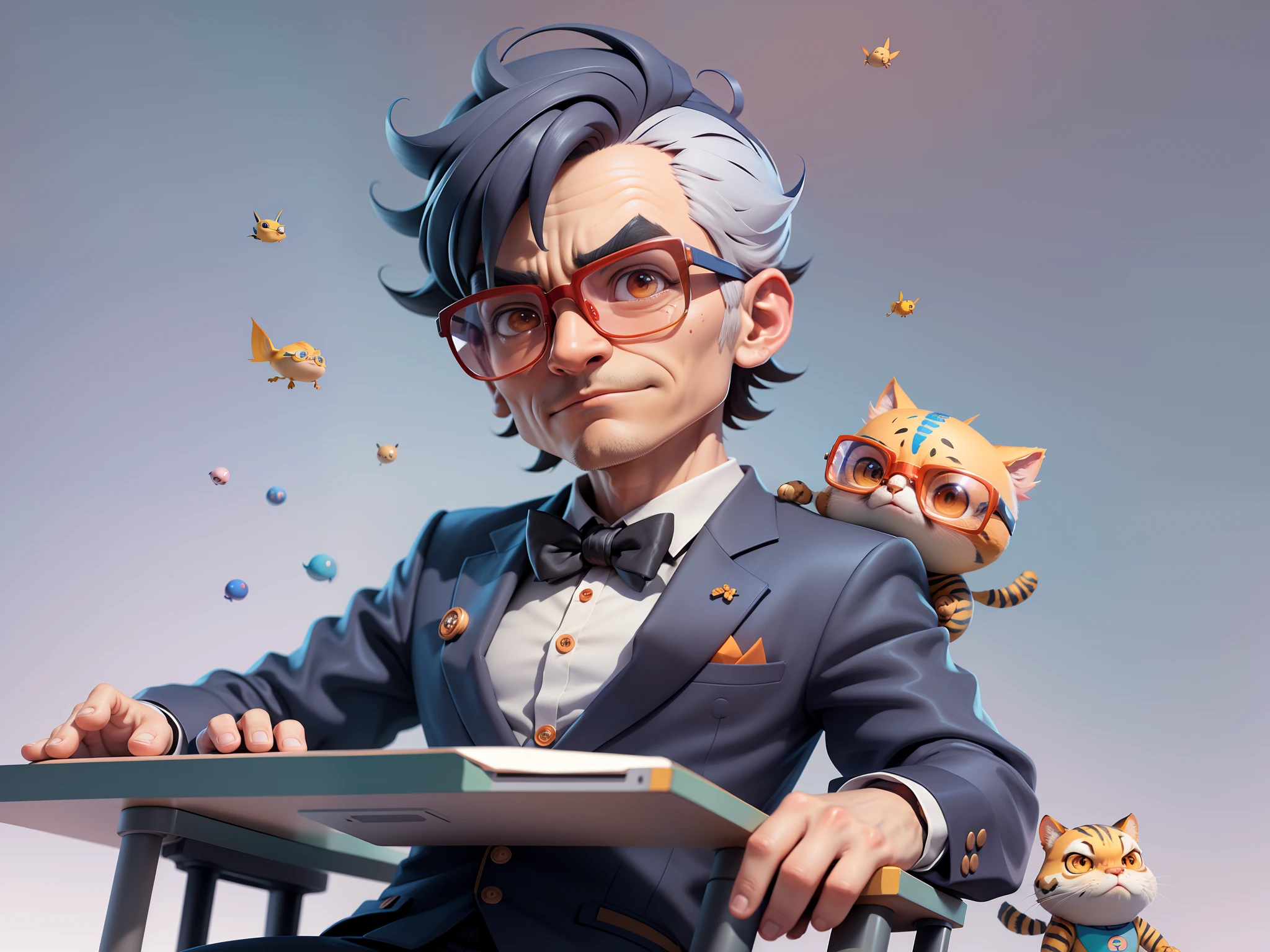 A young man in a suit, Short hair and glasses sat at his desk，holding laptop，digitial painting，tigre，3D character design by Mark Clairen and Pixar and Hayao Miyazaki and Akira Toriyama，4K HD illustration，Very detailed facial features and cartoon-style visuals。