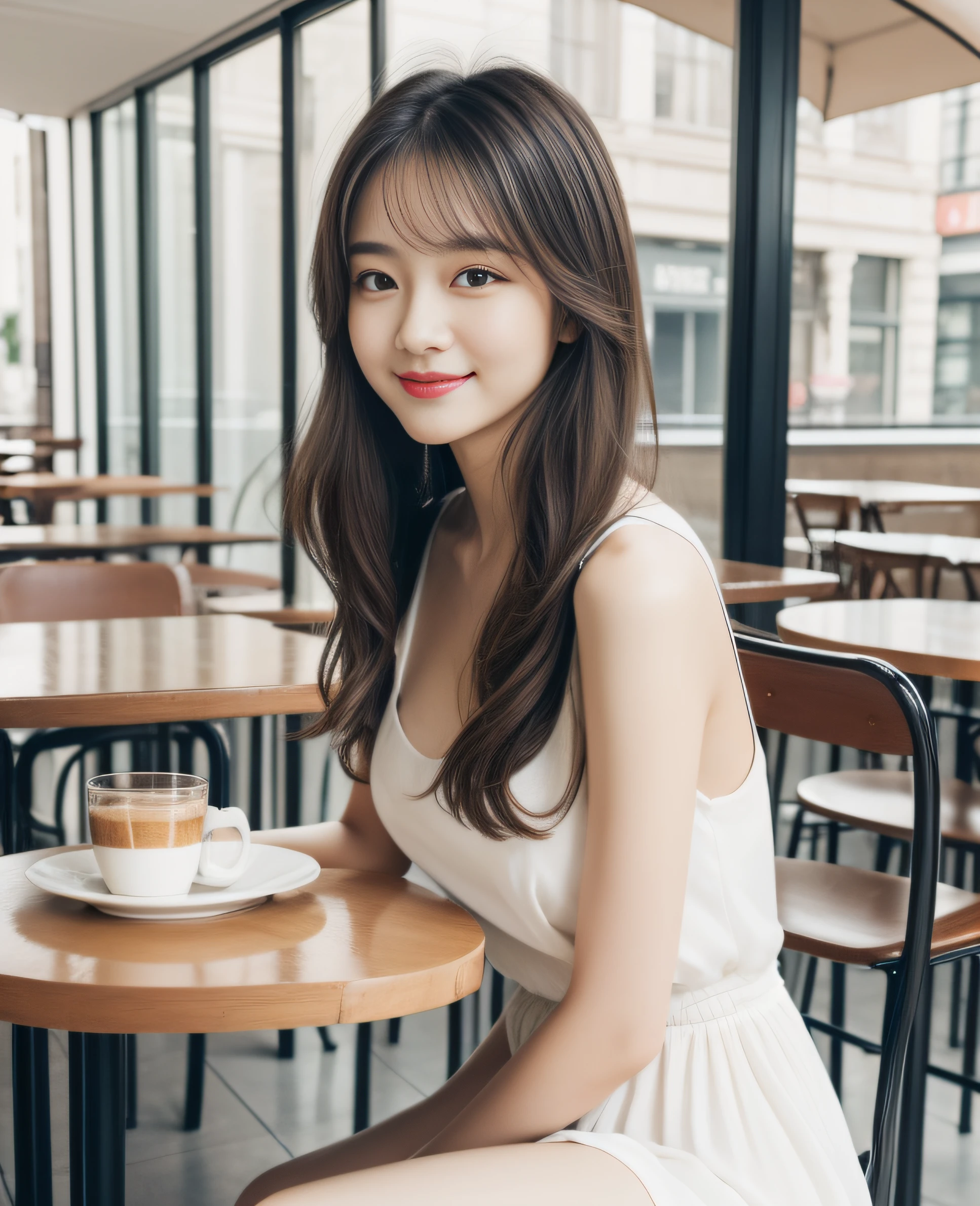 ((best quality, 8K, masterpiece: 1.3)), beautiful girl, pure, melon face, kind and cute, sweet smile, pure desire, slender body, (front), (tilted head), back view, white dress , long black silky straight hair, long flowing shoulders, round black big eyes, clear big eyes, moist red lips, sweet, sitting in a cafe chair, cafe terrace background, ((whole body)),