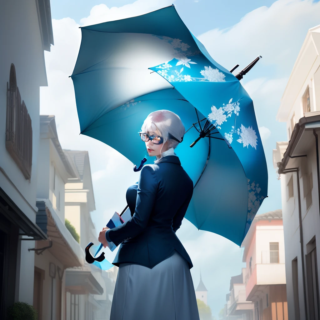 An umbrella，from back，pale-blue，wears glasses，Slightly fat，mtu