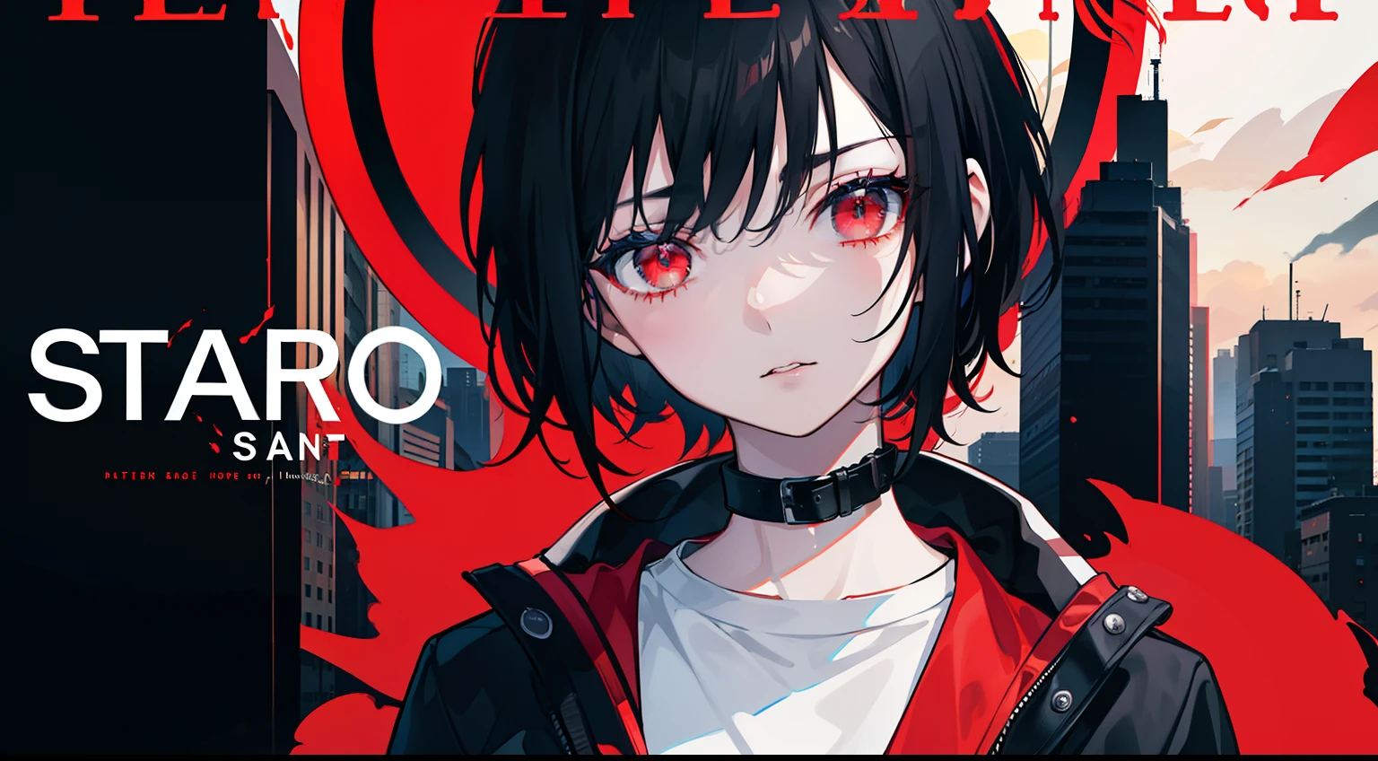 1girl, short black hair, red galaxy eyes, wearing plain white shirt, denim shorts, city, absurdres, high res, ultrasharp, 8K, masterpiece, looking at viewer, film poster featuring a young woman as the central character. She stands confidently in the center of the poster, with a determined expression on her face. The background is dark and gritty, with a sense of danger and intensity. The text is bold and attention-grabbing, with a catchy tagline that adds to the overall feeling of drama and excitement. The color palette is mainly dark with splashes red, giving the poster a dynamic and visually striking appearance,tachi-e (magazine:1.3), (cover-style:1.3), fashionable, woman, vibrant, outfit, posing, front, colorful, dynamic, background, elements, confident, expression, holding, statement, accessory, majestic, coiled, around, touch, scene, text, cover, bold, attention-grabbing, title, stylish, font, catchy, headline, larger, striking, modern, trendy, focus, fashion,