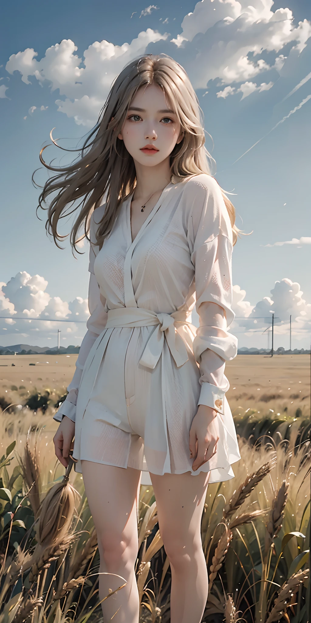full body, portrait of cute blond girl, standing on a wheat field (((looking away))), bloom, orange fog, motion, wispy hair, realism, high-quality rendering, stunning art, high quality, film grain, Fujifilm XT3, dreamy, acne, freckled, blemish