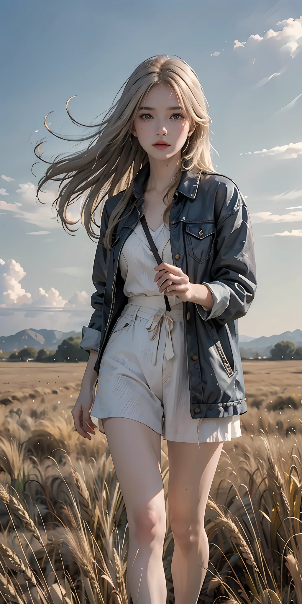 full body, portrait of cute blond girl, standing on a wheat field (((looking away))), bloom, orange fog, motion, wispy hair, realism, high-quality rendering, stunning art, high quality, film grain, Fujifilm XT3, dreamy, acne, freckled, blemish