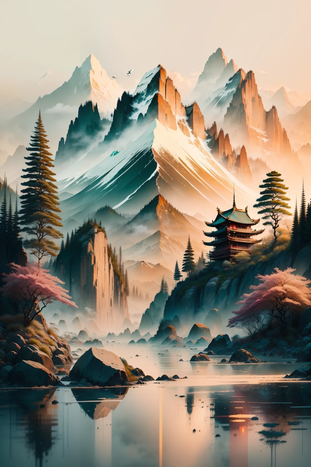 Chinese landscape mapdistant mountains, clear rivers, ancient building, sships, birds, clouds and mist, brilliant light, longdistance perspective, ultra-wide angle, majesticultra-vivid colors, ultra-bright light, ultra-high imagequality. ultra-high detail, depth of field, movie quality, 100mm lens, flat illustration style --ar 9:16 --v 5 --s 750 --v 5