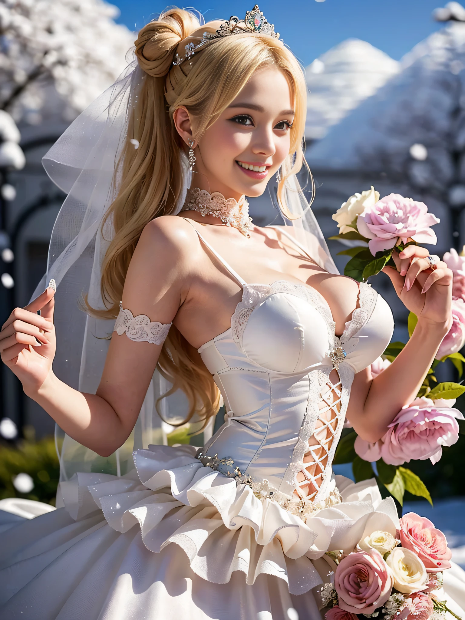 (High definition CG Unity 16k wallpaper), (​masterpiece),(top-quality), (Best Detail), (Best Illustration), (Best Shadow), (Realism:1.5), Realistic human skin,  (ultra-detailliert),(1 girl ,Solo ,Very beautiful blonde chignon hair:1.5)、 (Shiny blonde hair:1.5)、(beautifull detailed face)、(beatiful detailed eyes)、((​masterpiece:1.4、top-quality))、((​masterpiece、top-quality))、(photographrealistic:1.4)、(Japanese Idol:1.1), (Japanese actressl)、(perfect anatomia、Correct anatomy、perfectly proportions、face perfect、perfect hand、perfect leg、Perfect fingers、 perfect hand、Perfect mouth、Perfect lips,a small face:1.5)、++((Happy smiling face:1.5))++、(extremely detailed eye and face),(Incredibly beautiful face、Very cute)、(big eye)、 (impossibly thin waist:1.5), (incredibly huge breasts that are completely soft:1.5)、(Realistic background、Flower Garden:1.5),(Large crowds:1.5)、(1 Japan gal in voluminous full-length hoop skirt and gorgeous wedding dress:1.5),((Very gorgeous and snow-white wedding dress with a voluminous full-length hoop skirt:1.5))、(gorgeous embroidery and lace),Gorgeous corsage,See-through,(Very gorgeous Lolita hair ornament)),Tiara adorned with glitter and very gorgeous jewels,(hoop skirt,crinoline)、