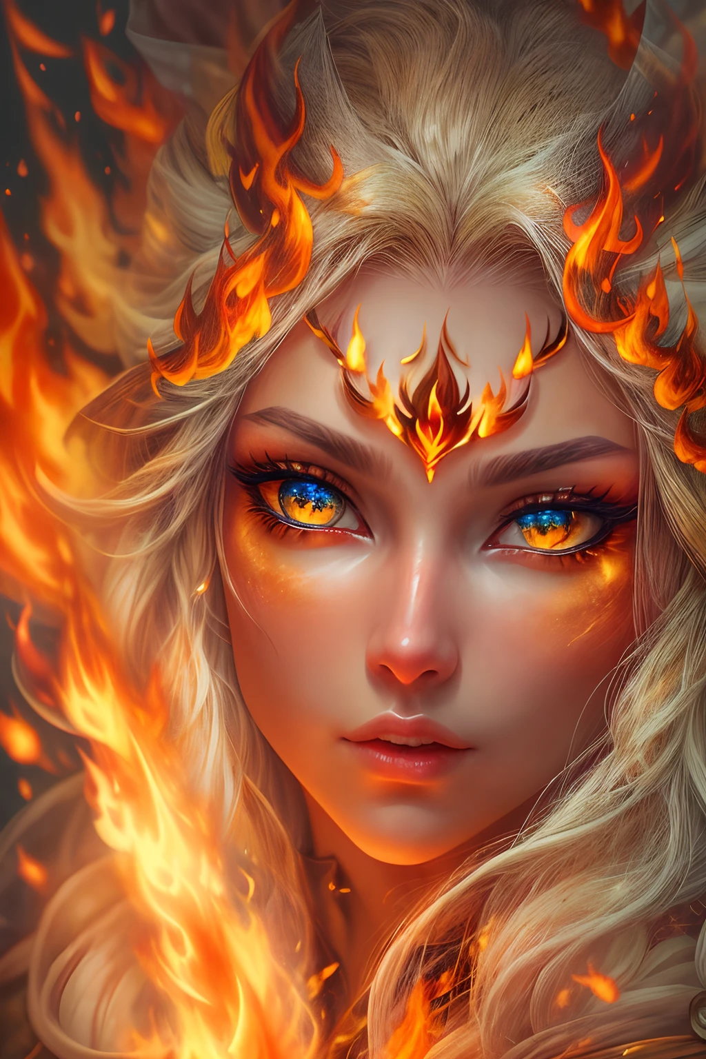 This (realistic fantasy) art contains embers, real flames, real heat, and realistic fire. Generate a masterpiece artwork of a ite female fire druid with large (((orange and gold))) eyes. The fire druid is awe-inspiring with beautiful ((realistic fiery eyes)) alight with confidence and power. Her features are elegant and well defined, with ((soft)) and (((puffy))) and (((smooth))) lips, elven bone structure, and realistic shading. Her eyes are important and should be the focal point of this artwork, with ((extremely realistic details, macro details, and shimmer.)) She is wearing a billowing and glittering gown ((made of realistic flames)) and jewels that glimmer in the fire light. Wisps of fire and smoke line the intricate bodice of the dress. Include bumps, stones, fiery iridescence, glowing embers, silk and satin and leather, an interesting background, and heavy fantasy elements. Camera: Utilize dynamic composition techniques to enhance the realistic flames.