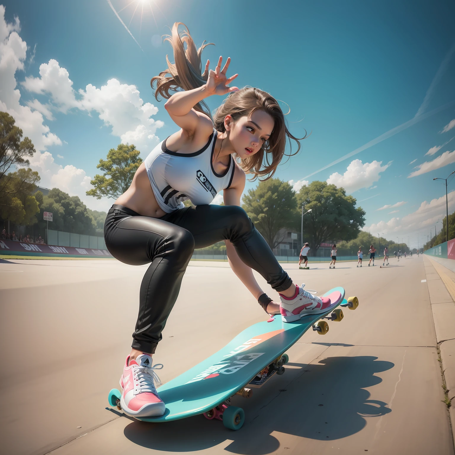 beautiful lady full body dynamic action shot skateboard skater girl on one skate-board, wear tennis shoes, dynamic pose