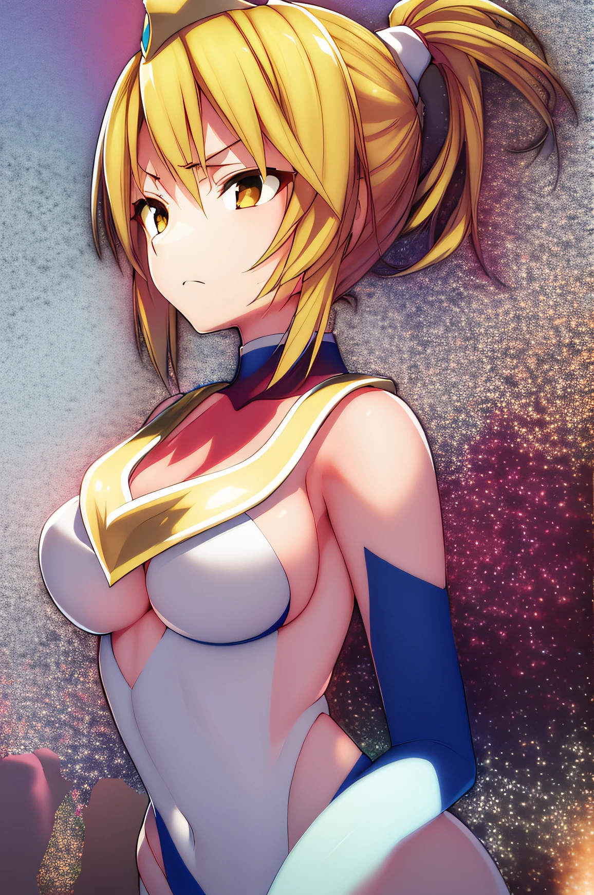 masuterpiece, Best Quality, 1girl in, Solo, Empty eyes, battle, pose, (Color Timer, Red jewelry with low chest), (Detailed fingers, Detailed hand, Detailed face), Full body, Blonde hair, Ponytail, diadems, Upset, Blue sky, scenery, see-through,
