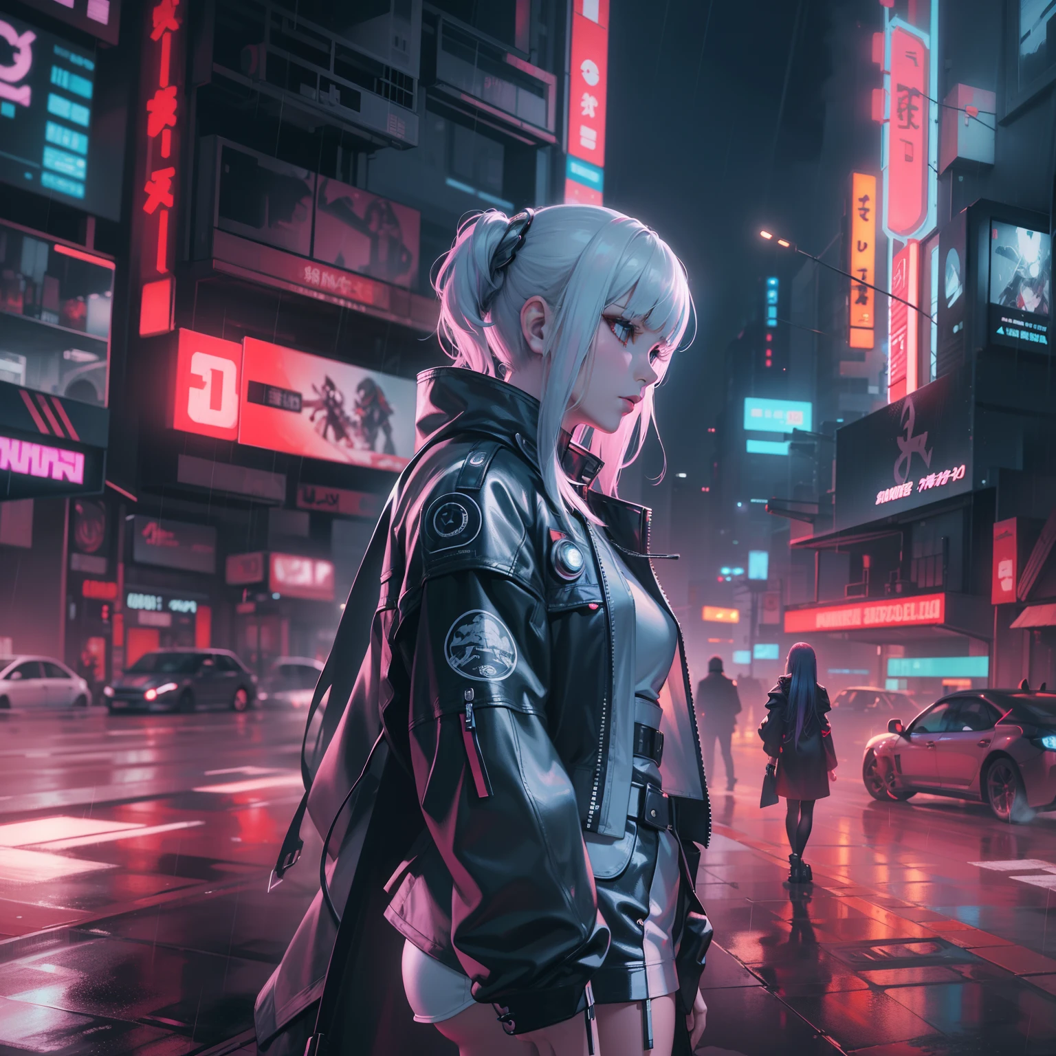 high contrast, (8K UHD:1.2), (photorealistic:1.2),(masterpiece:1.4), (best quality:1.4),extremely detailed wallpaper, highly detailed illustrations, (1 Girl), (best lighting) , (super-complex details) , 4K unified, (super-detailed CG: 1.2) , (8K: 1.2),(original), (masterpiece) , (best quality),(Masterpiece:1.4),Anime-ish high quality, (((high resolution))),Young 1 Japan girl dressed in shiny clothes as a cyberpunk character in neonninja style, futuristic city. Hair scrunchies, princess cut, silver hair, colored tips, medium hair, multicolored hair, bangs parting, parted lips, red lips, full moon, gray eyes, sexiness and coolness, night, neon, futuristic, concept art, blade runner worldview, toron worldview, ghost in the shell world view, painting, illuminated, close-up, detailed light, backlit glow. Rainy night in cyberpunk city with glowing neon lights. Dynamic and dynamic composition.