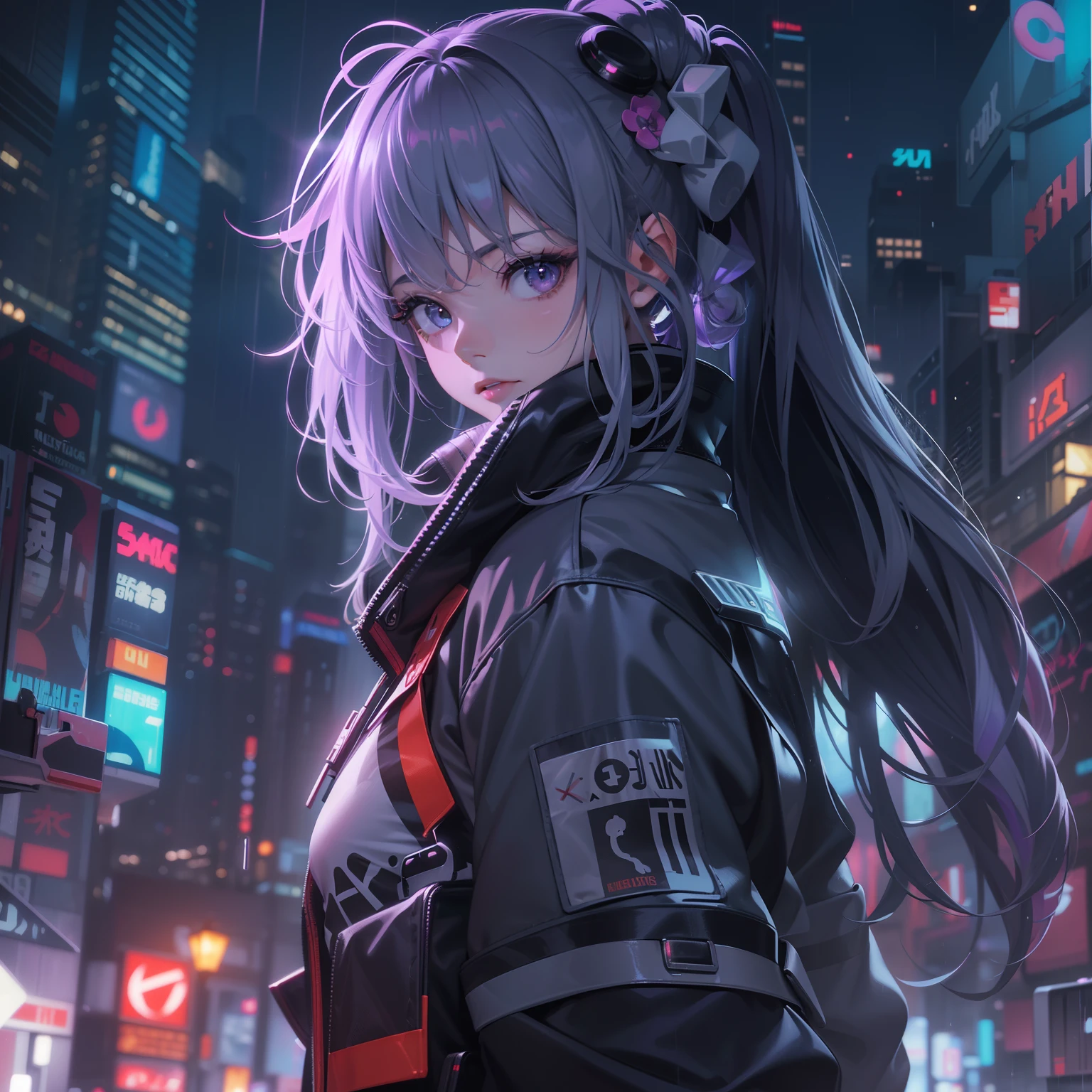 high contrast, (8K UHD:1.2), (photorealistic:1.2),(masterpiece:1.4), (best quality:1.4),extremely detailed wallpaper, highly detailed illustrations, (1 Girl), (best lighting) , (super-complex details) , 4K unified, (super-detailed CG: 1.2) , (8K: 1.2),(original), (masterpiece) , (best quality),(Masterpiece:1.4),Anime-ish high quality, (((high resolution))),Young 1 Japan girl dressed in shiny clothes as a cyberpunk character in neonninja style, futuristic city. Hair scrunchies, princess cut, silver hair, colored tips, medium hair, multicolored hair, bangs parting, parted lips, red lips, full moon, gray eyes, sexiness and coolness, night, neon, futuristic, concept art, blade runner worldview, toron worldview, ghost in the shell world view, painting, illuminated, close-up, detailed light, backlit glow. Rainy night in cyberpunk city with glowing neon lights. Dynamic and dynamic composition.