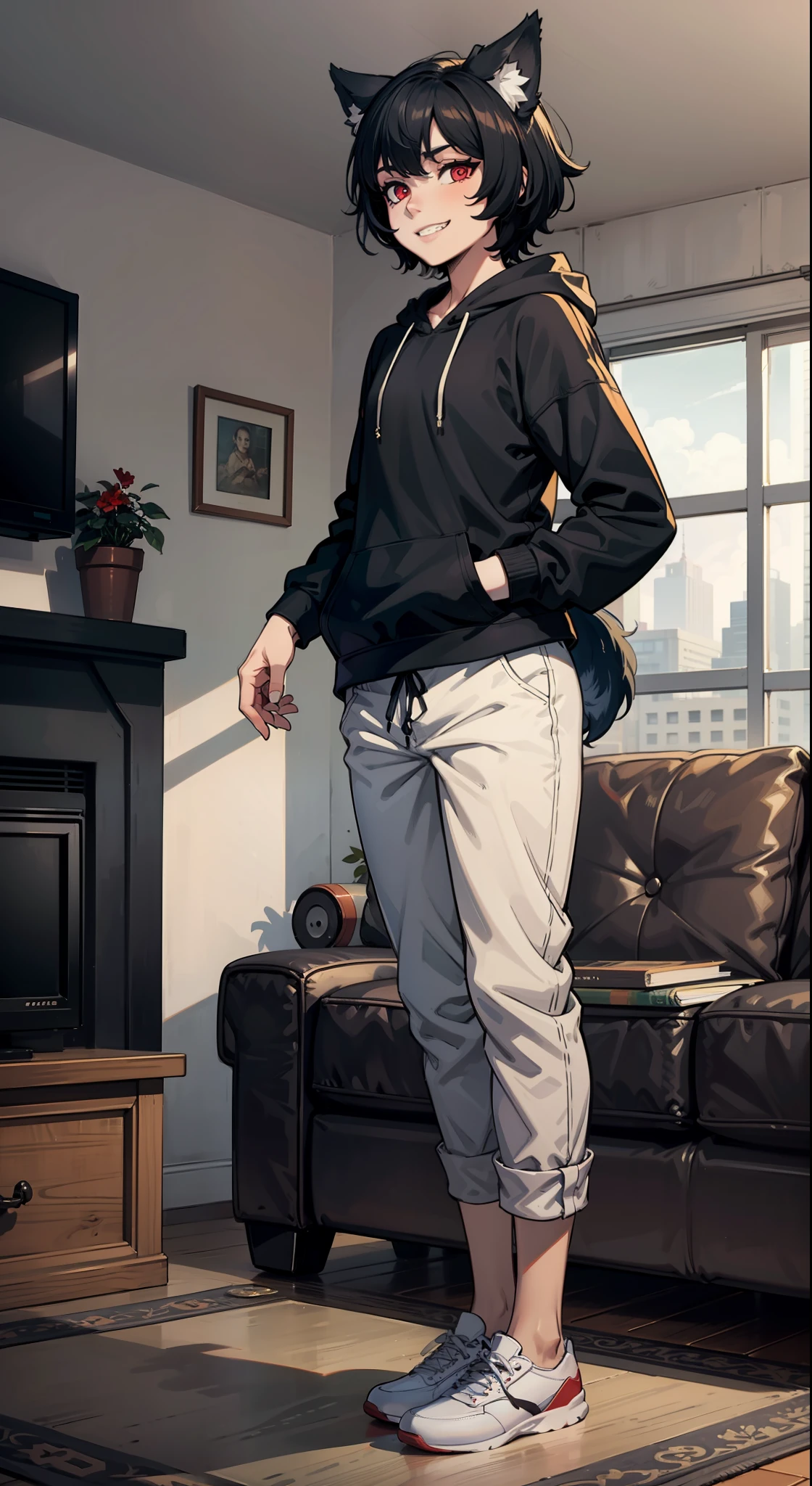 1boy, fluffy short black hair, wolf ears, wolf tail, slim figure, pale skin, RED eyes, dead expression, living room setting, light grin, baggy black hoodie, lean figure