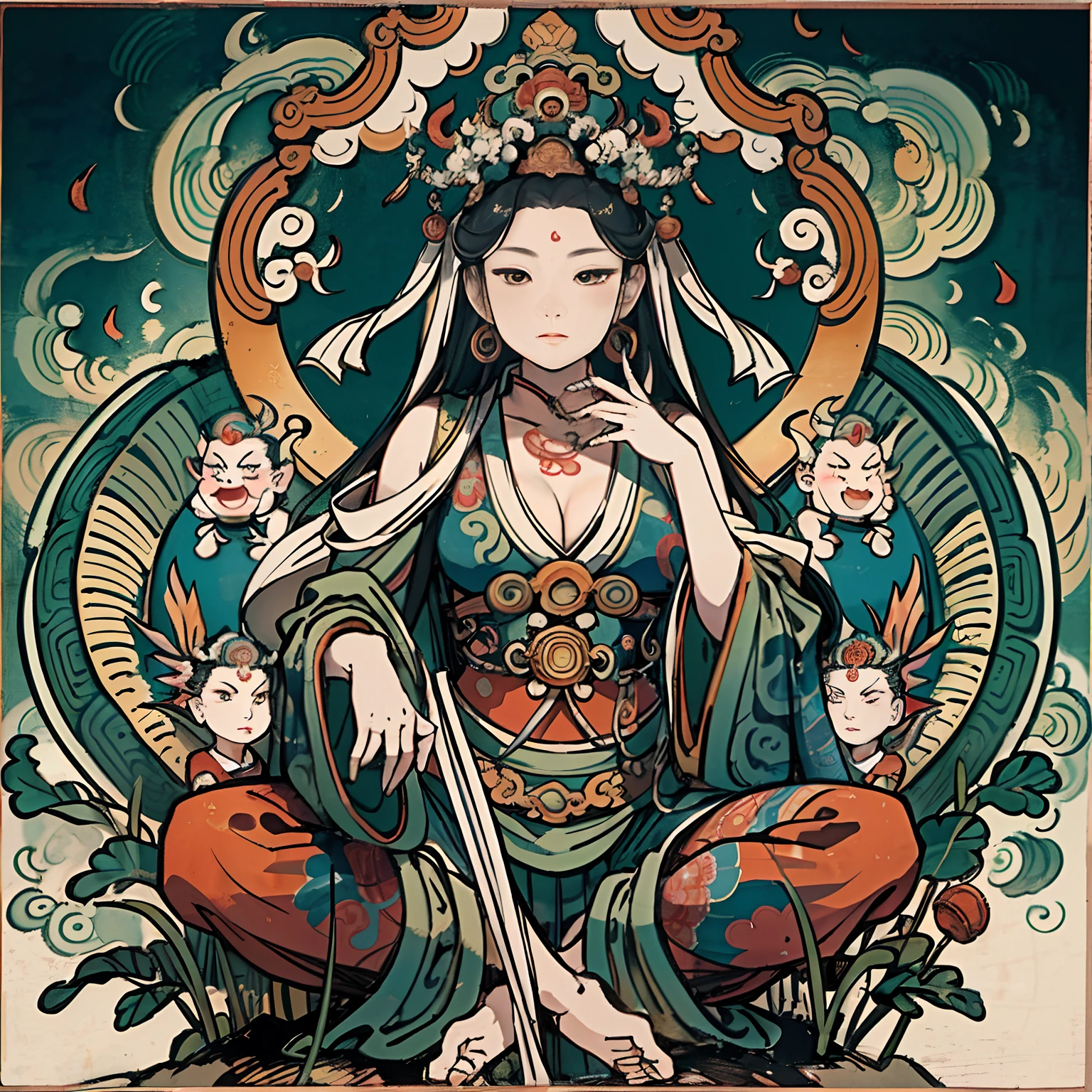 an ancient Chinese goddess, guanyin of the southern seas, Guanyin, Inspired by India, Avalokiteshvara rides a dragon,,Serene expression,shui mo hua,Buddha,Buddhist,Lotus,Chinese painting style,Thangka style