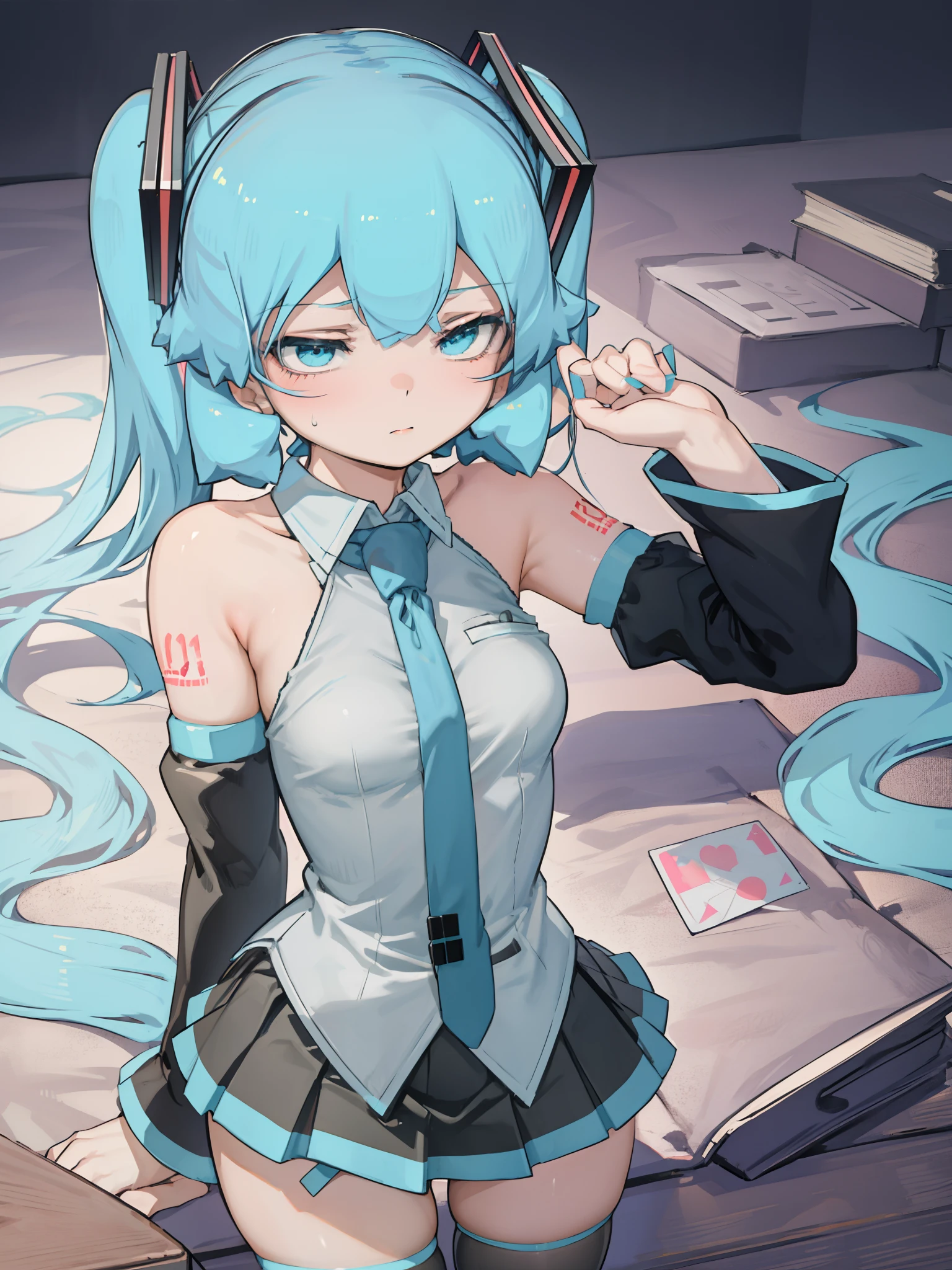 1girl, aqua eyes, aqua hair, hatsune miku, grey shirt, detached sleeves, twintails, shoulder tattoo, necktie, black thighhighs, pleated skirt