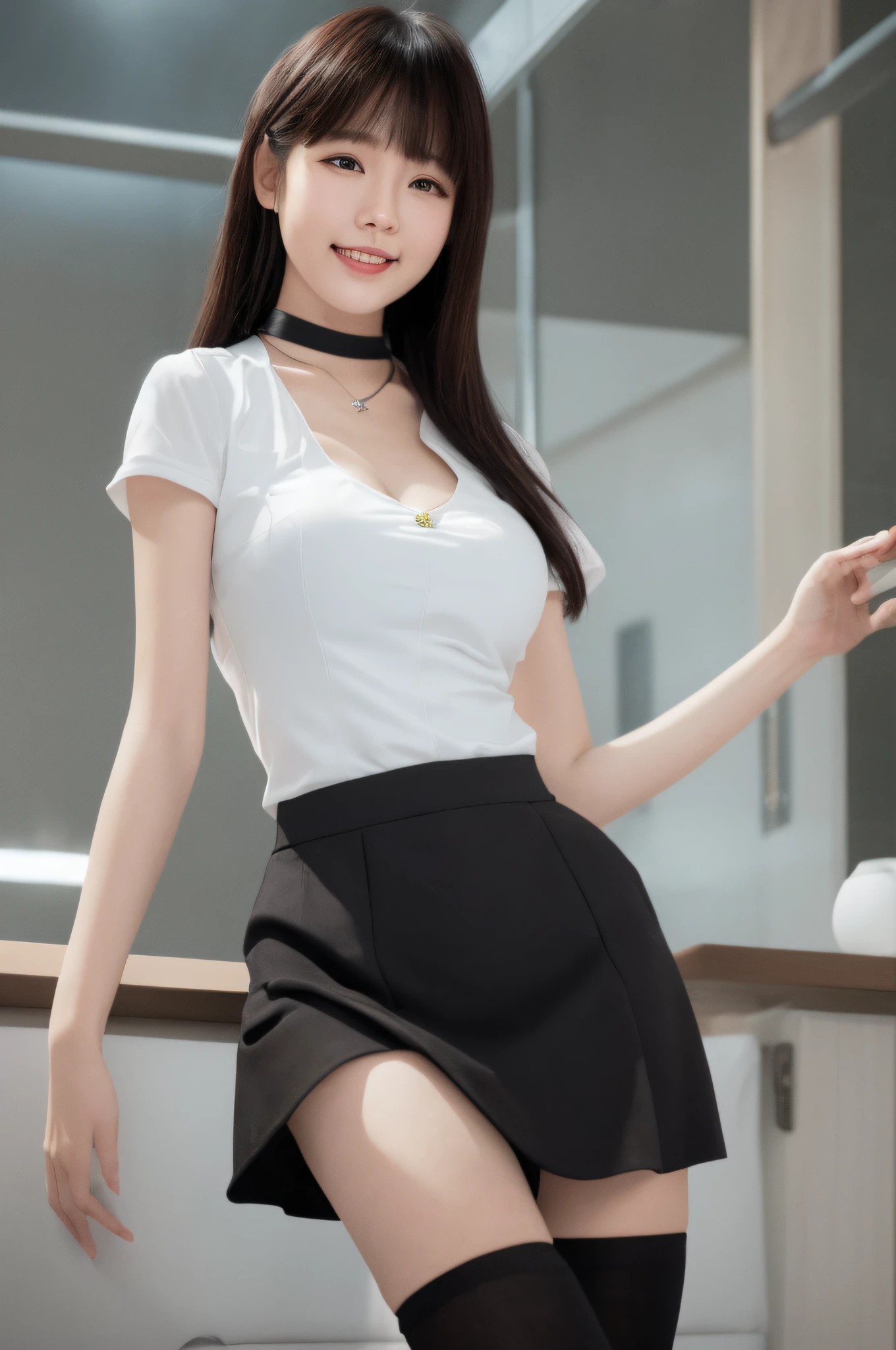 Smiling Minchen,absurderes,Keep your mouth shut,Balanced eyes,(Best quality details:1.2),realisticlying,8K high-definition,ultra - detailed,High-quality textures,Complicated details,detailed textures,finely detailled,high detal,VerydetailedCG,short skirt,Black stockings long legs,Harnes,Expose cleavage,long whitr hair,office room,rays of sunshine,At the edge of the table,choker necklace,mannequin,looking at viewert,dynamicposes。