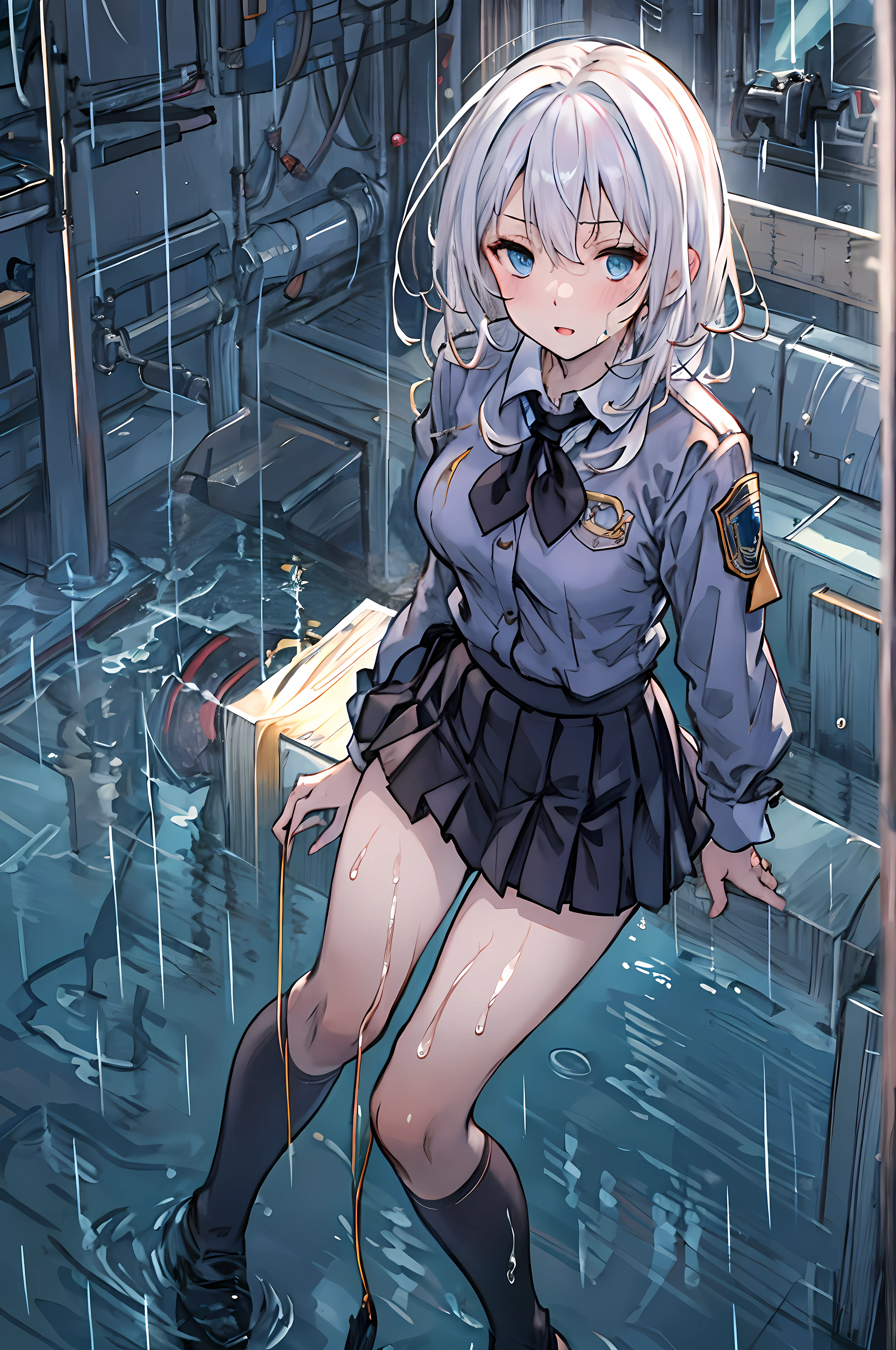 absurdres, highres, ultra detailed, extremely detailed CG unity 8k wallpaper, realistic, photo-realistic, RAW photo, beautiful detailed face, pale skin, realistic glistening skin, detailed cloth texture, detailed hair texture,
BREAK
1girl, thigh, school ground, wet hair, hand between legs, white hair, (sexy), backlighitng, wet, rain, black_serafuku, long sleeve, black_skirt, neckerchief, pleated_skirt, school_uniform, serafuku, skirt, blue green eyes,