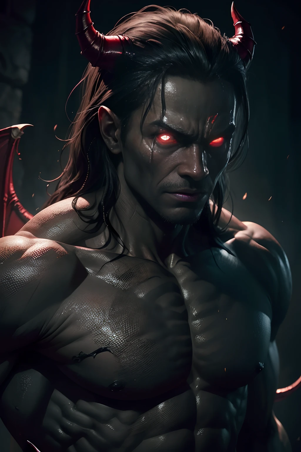 ((demon)), Horror Movie, highly detailed, Ilustration, digital art, hd, 8k, soft lighting, dark, details, ultra-realistic,((only body)), homem, pele de cor preta, olhar frio, serious features, hybrid face, demonic face, longos cabelos negros