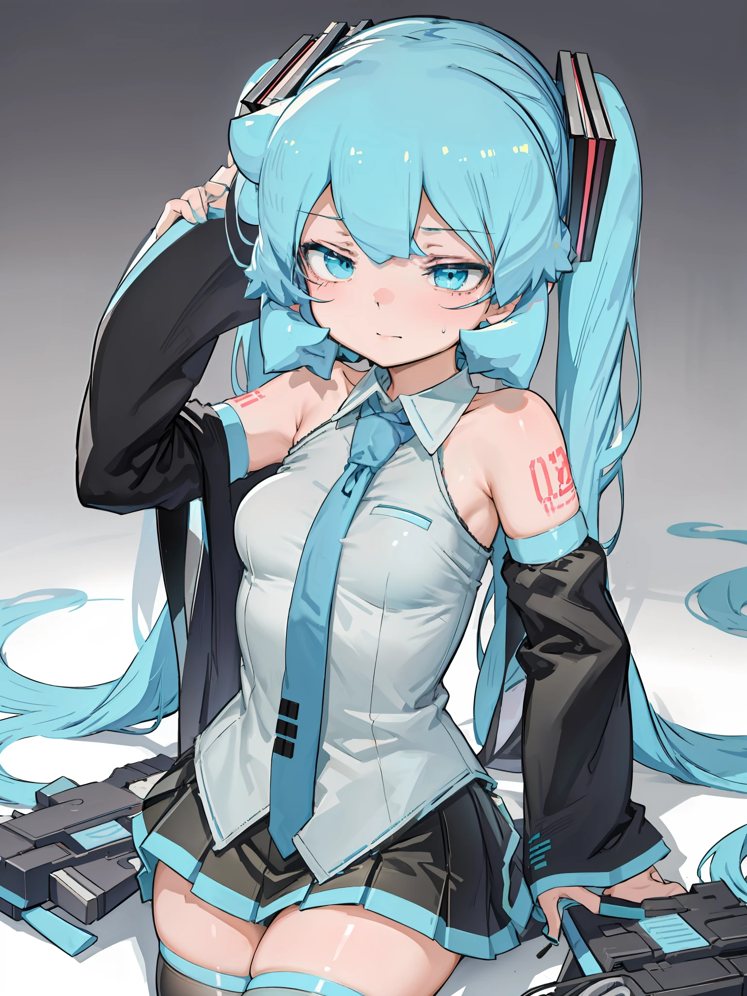 1girl, aqua eyes, aqua hair, hatsune miku, grey shirt, detached sleeves, twintails, shoulder tattoo, necktie, black thighhighs, pleated skirt