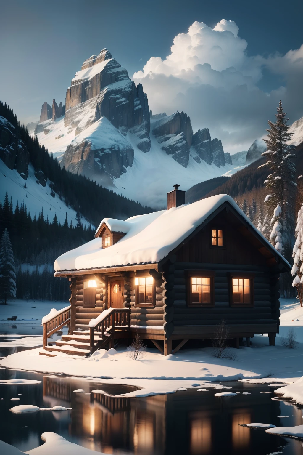 400 sq ft log cabin on a bank of a snowy lake, 2 sloped roof, big wrapped around porch with table and chairs, on the background are mountains,  very dark sky,  4k, dramatic light, high details, pastel bluish colors, landscape similar to swiss alps, fog over water, dramatic sun beams are coming through clouds, place cabin in the center, show some snowy bank in front of the cabin