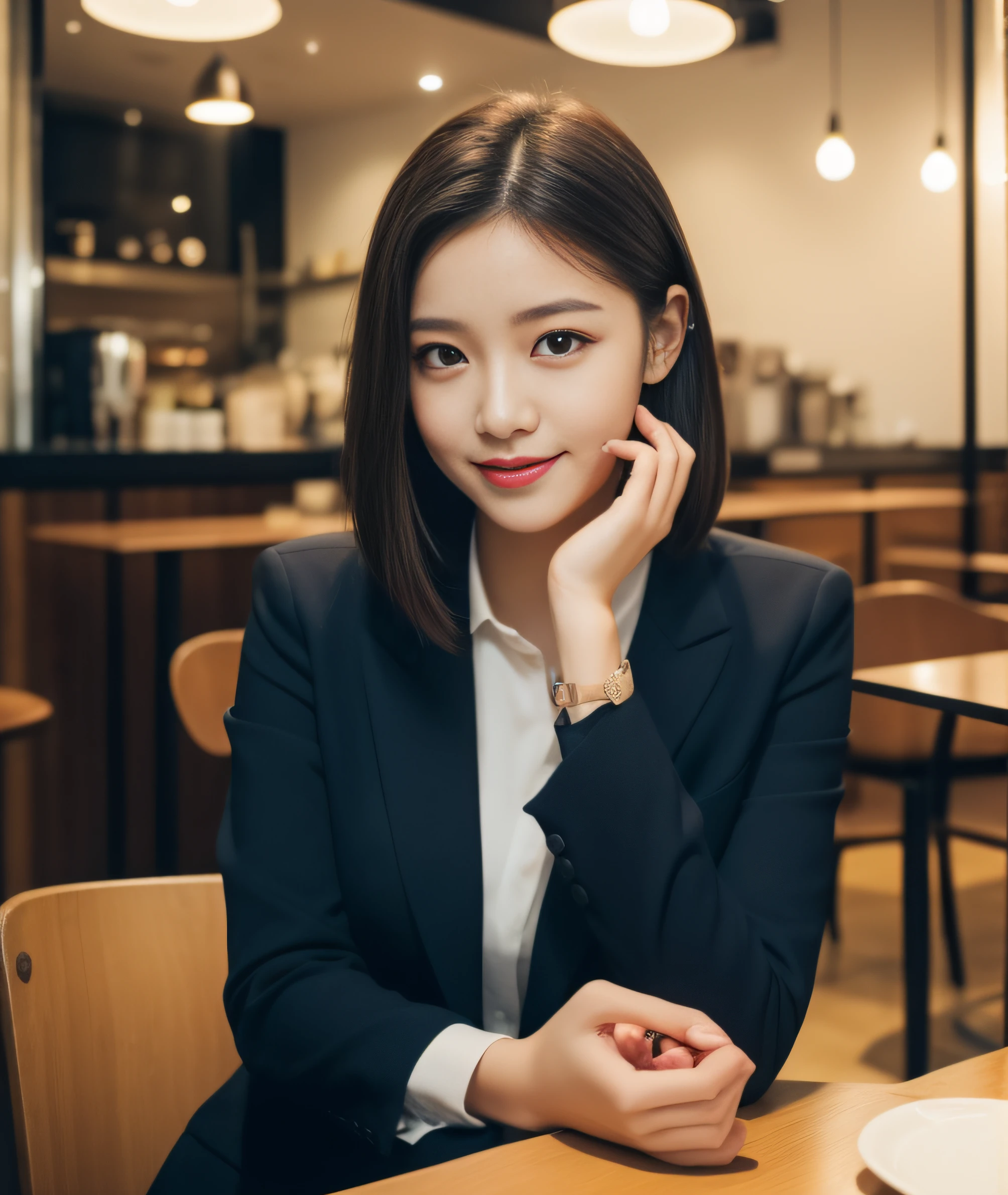 ((best quality, 8K, masterpiece: 1.3)), beautiful girl, pure, melon face, kind and cute, sweet smile, pure desire, slender body, (front), (tilted head), ((looking at camera) ), wearing a navy blue suit, black silky medium hair, long flowing shoulders, round black big eyes, clear big eyes, moist red lips, sweet, sitting in a cafe, cafe background , ((whole body)),