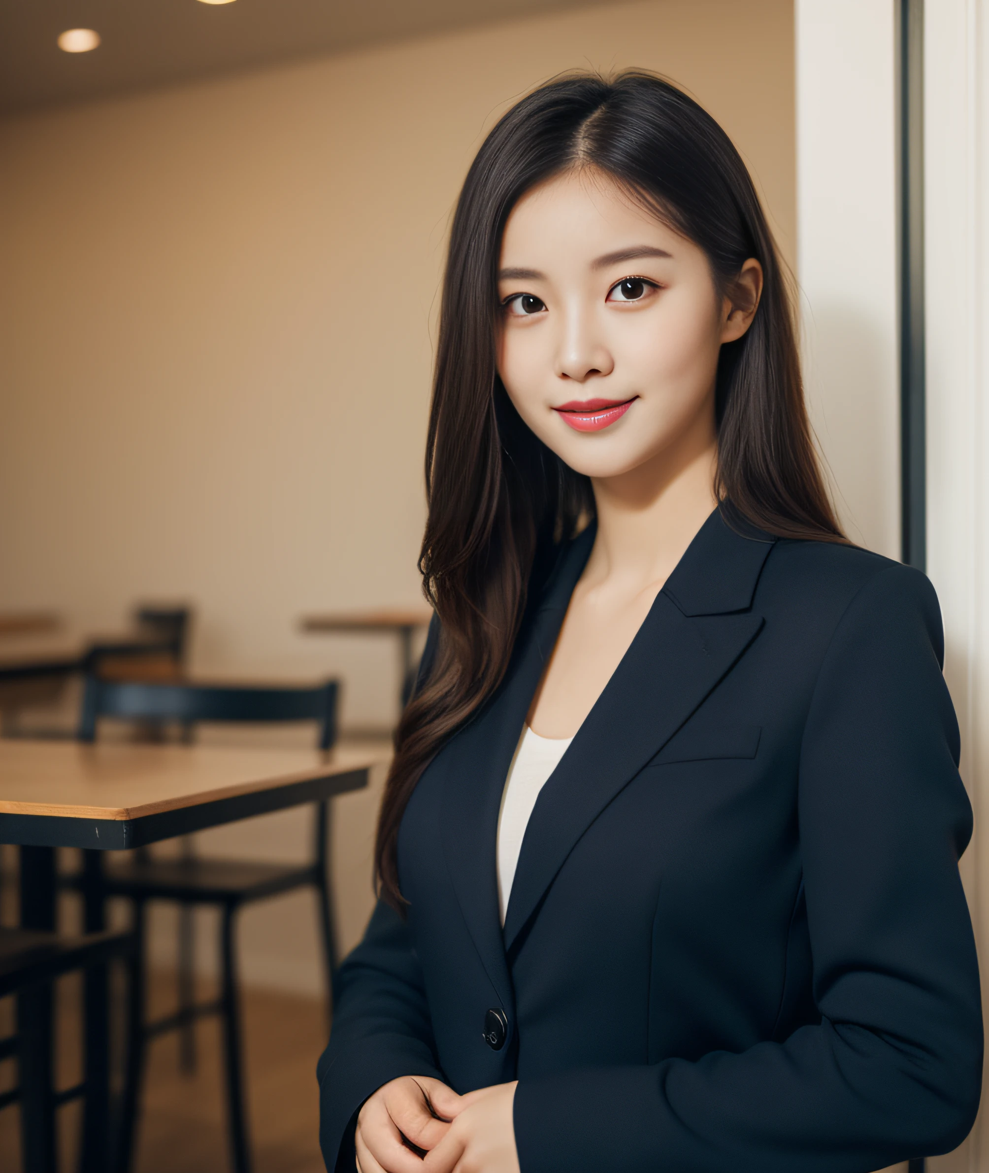 ((best quality, 8K, masterpiece: 1.3)), beautiful girl, pure, melon face, kind and cute, sweet smile, pure desire, slender body, (front), (tilted head), ((looking at camera) ), wearing a navy blue suit, black silky medium hair, long flowing shoulders, round black big eyes, clear big eyes, moist red lips, sweet, sitting in a cafe, cafe background , ((whole body)),