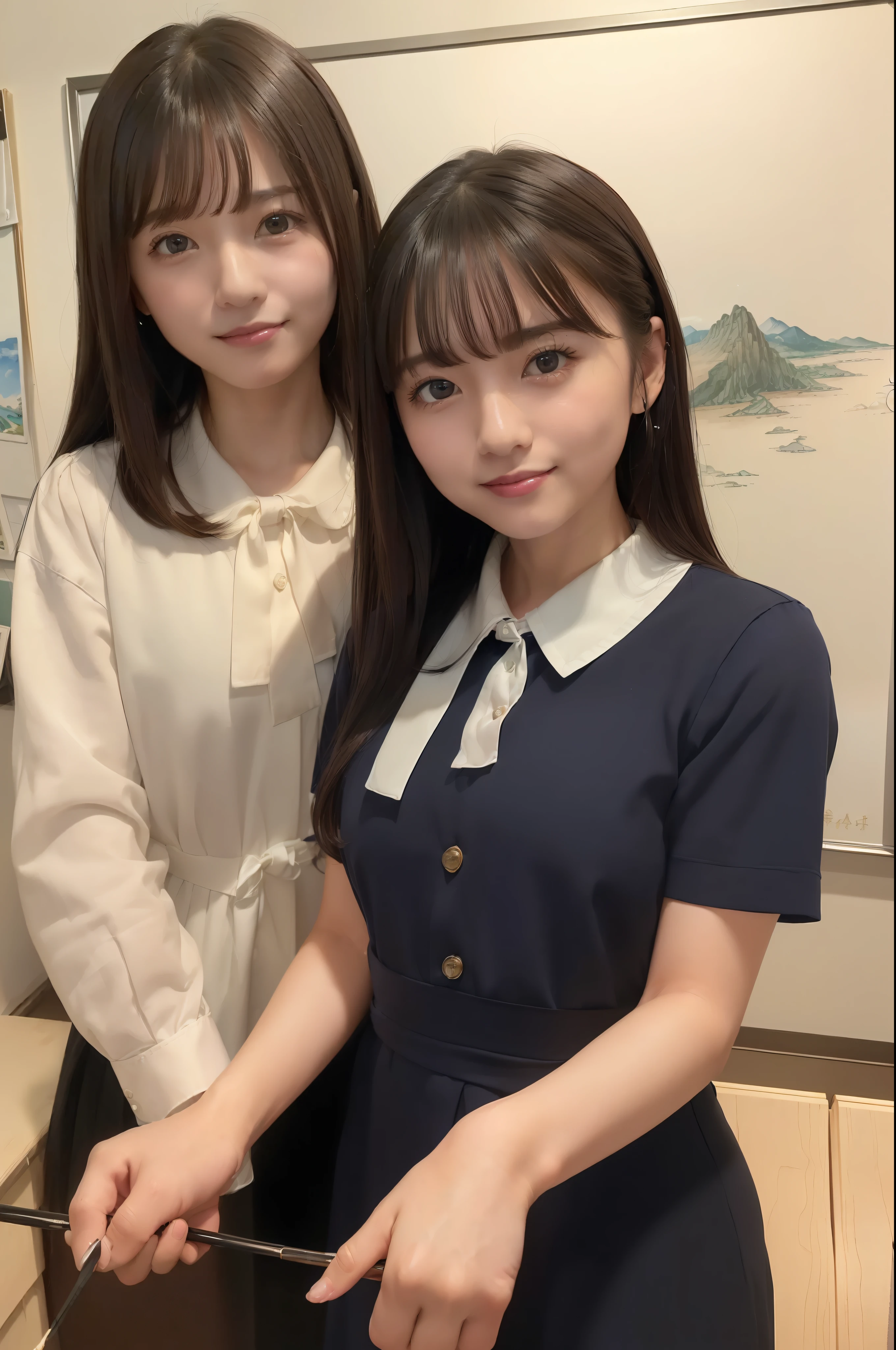 (8K、top-quality、​masterpiece:1.2)、(realisitic、Photorealsitic:1.37)、ultra-detailliert、1womanl、 20yr old、独奏、((Beautiful ribbons))、(((A dark-haired)))、(a smile:1.15)、beautiful finely detailed eyes、(shirt with collar:1.1)、business clothes、(short-hair:1.2)、 (((Art Room)))、 picture frame