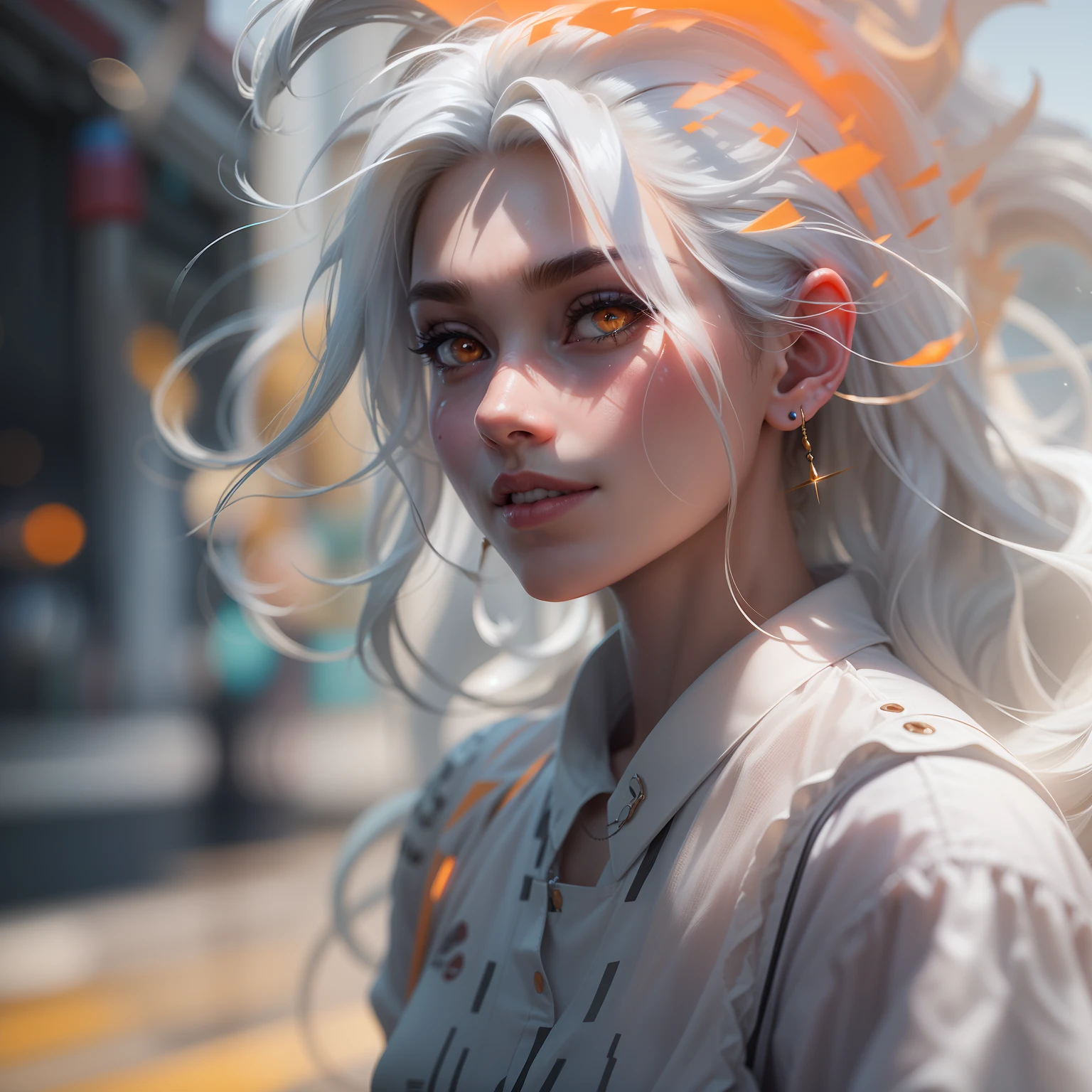 black hair, white hair, glowing eyes, orange eyes, earrings, nervous smile, troll, thinking, Surrealism, Action painting, Abstractionism, Pixar, depth of field, cinematic lighting, motion blur, blurry, glowing light, ray tracing, reflection light, backlighting, drop shadow, speed lines, f/1.8, 135mm, Nikon, Sony FE GM, bokeh, lens flare, 8k, super detail, UHD, masterpiece, anatomically correct, textured skin, super detail, high details