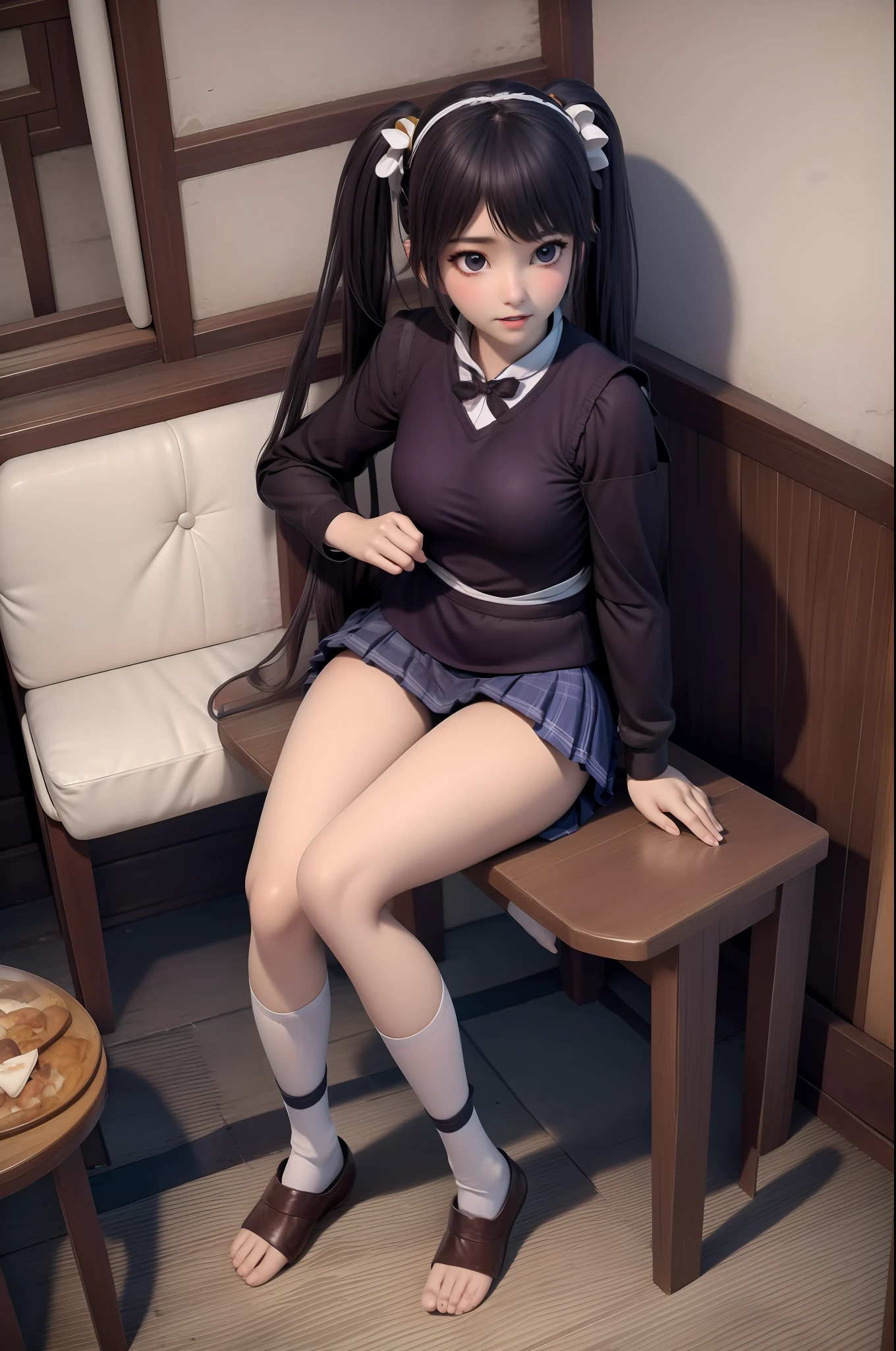 High angle shot, arafed asian woman in a short skirt and bow tie sitting on a train, cute schoolgirl, japanese girl school uniform, wearing japanese school uniform, japanese school uniform, a hyperrealistic schoolgirl, dressed as schoolgirl, hyperrealistic schoolgirl, wearing school uniform, realistic schoolgirl, girl wearing uniform, wearing a school uniform, of a schoolgirl posing, full body, nice skin, glowing skin, nice thighs,glowing thigh, glowing legs, barefoot