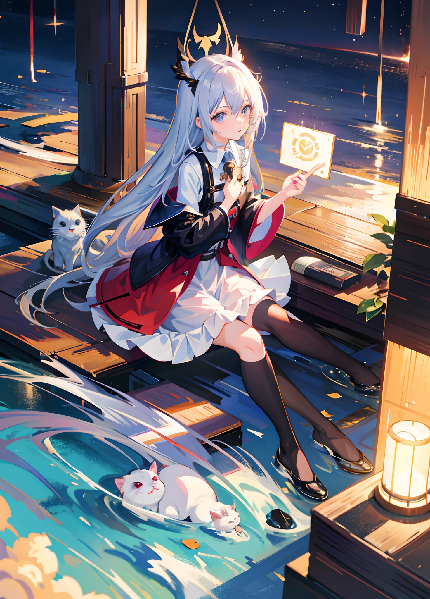 Anime girl sitting in chair holding a book and a cat, Splash art anime Loli, trending on artstation pixiv, Best anime 4k konachan wallpaper, high detailed official artwork, 8K high quality detailed art, Guweiz in Pixiv ArtStation, Pisif, Anime art wallpaper 8 K, From Arknights, highly detailed exquisite fanart